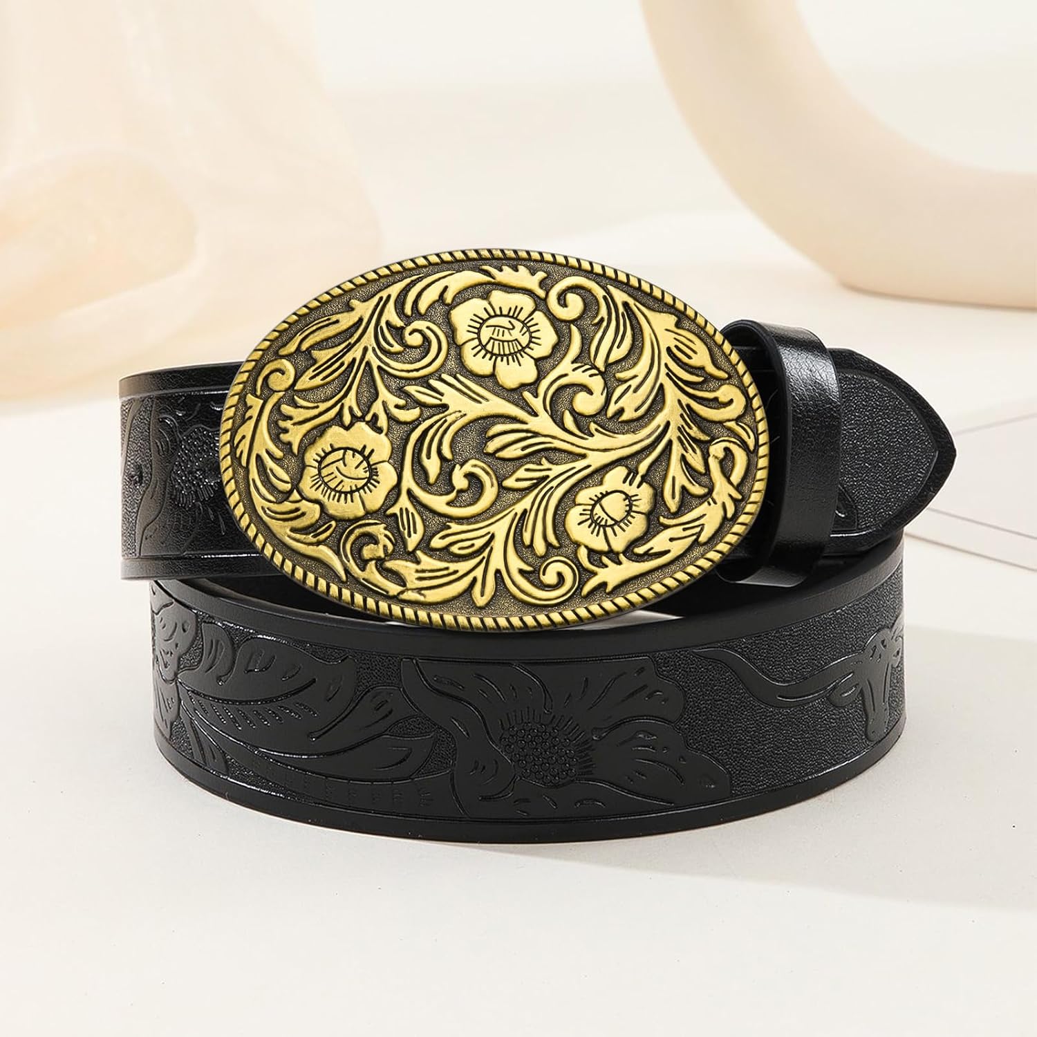 Antique Engraved Flower Belt Buckle, Western Cowboy Belt Buckle, Oval Foral Belt Buckles for Men Women - Image 5