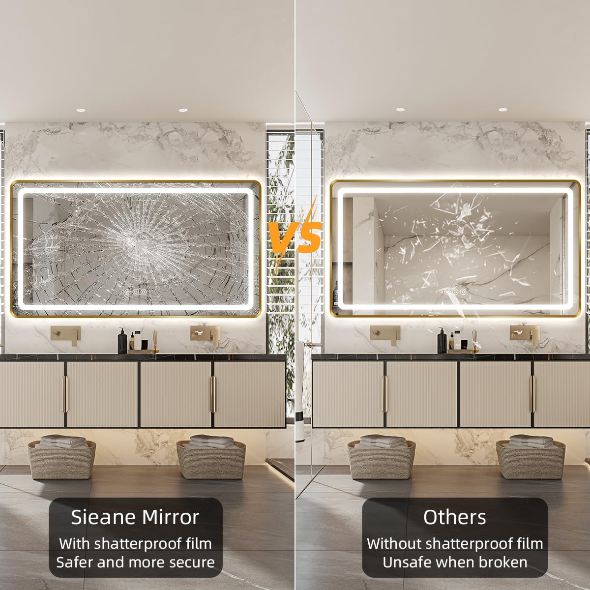 36"H x 48"W Gold LED Bathroom Mirror with Lights, Rectangle-Rounded-Corner Lighted Mirrors for Bathroom Wall, Memory Function, Anti-Fog, 3-Color, Frontlit & Backlit Mirror, UL-Listed, CRI 90+