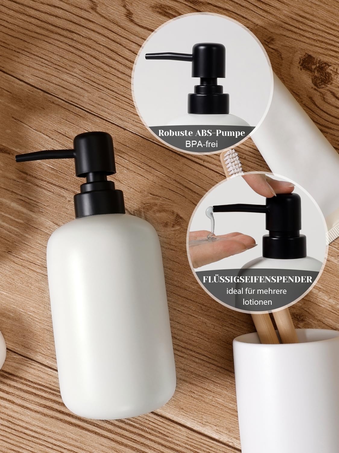 Zestaw łazienkowy biały – 3-częściowy ceramiczny zestaw akcesoriów łazienkowych z wąskim dozownikiem mydła, kubkiem na szczoteczkę do zębów i półką, praktyczny zestaw łazienkowy do toalety