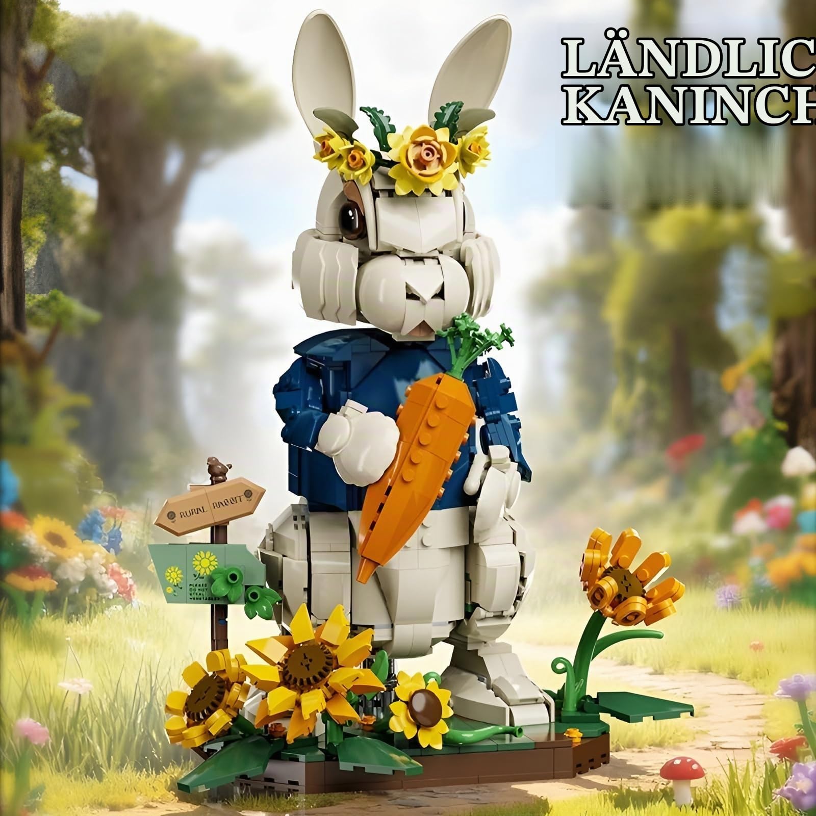 Ländliches Kaninchen Bausteine, 1252 Teilie Oster Blumen Kaninchen Klemmbausteine, Bewegliches Tier Modell mit Abnehmbarer Basis, Dekoration für das Homeoffice, Spielzeug Geschenk für Erwachsene