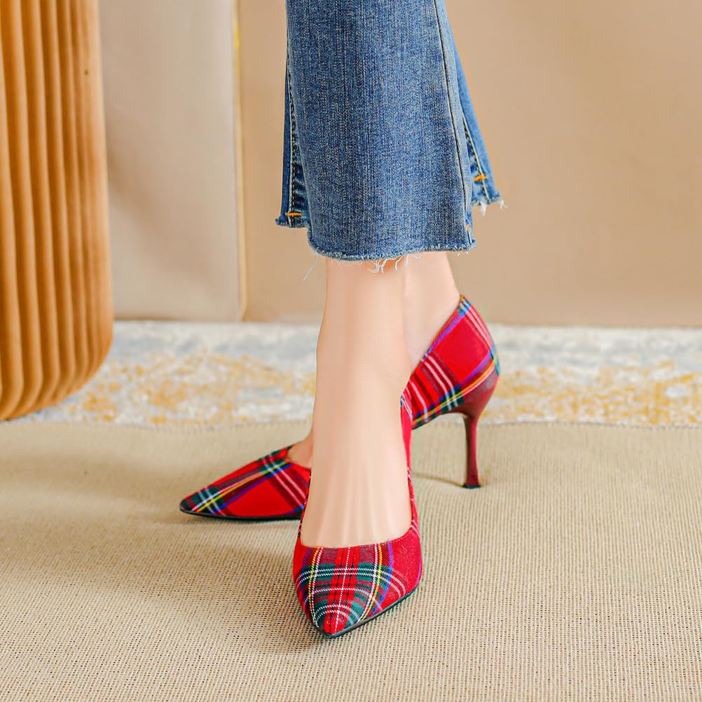 Zapatos de Tacón Mujer Lona Cuadros Vichy Punta Afilada Tacón de Aguja Delgado 7.5cm con Suela Antideslizante para Trabajo & Eventos Jardín