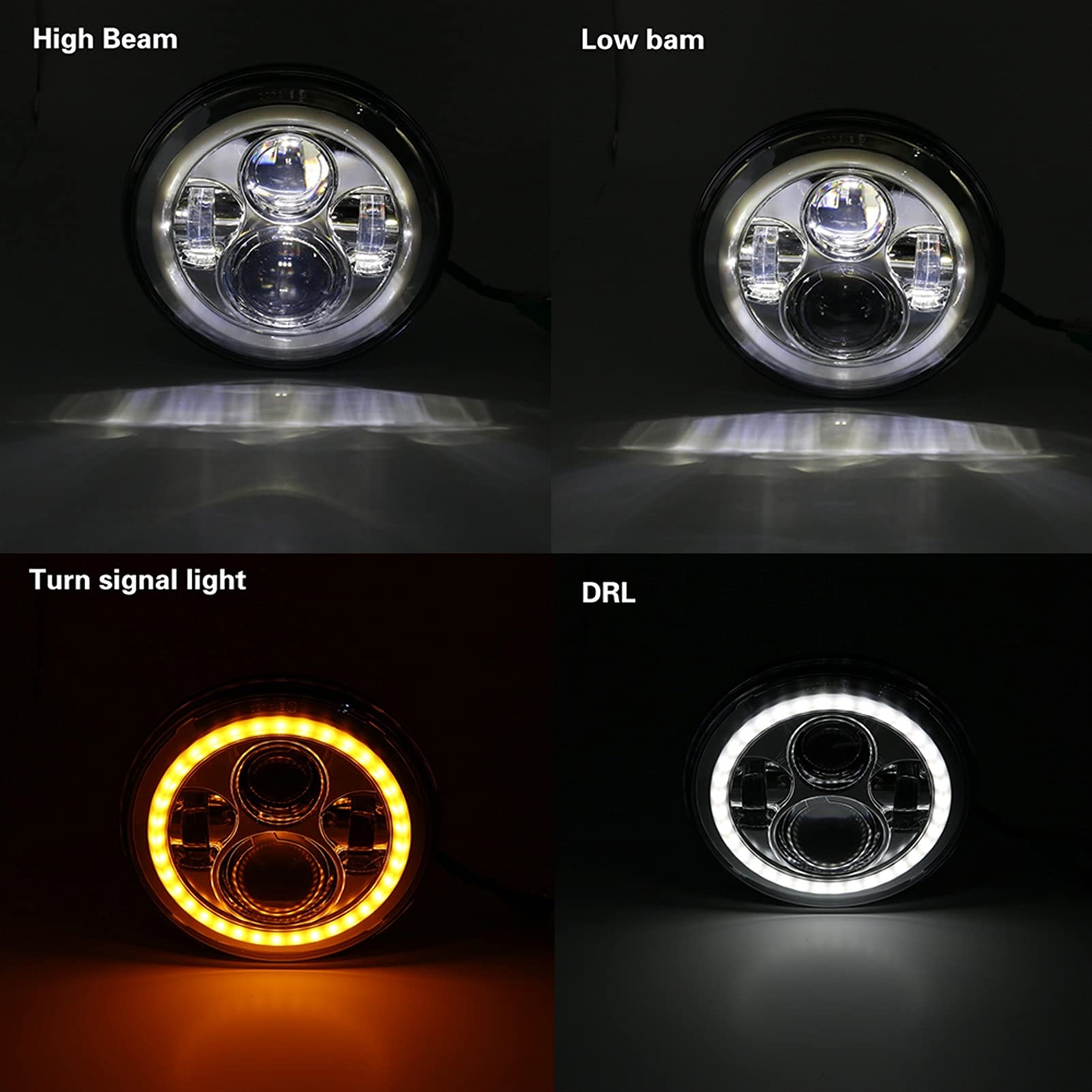 Reflektor motocyklowy, motocyklowe reflektory motocyklowe 7 "z reflektorami przeciwmgielnymi 4,5 "kierunkowskazu Halo (zestaw czarnego światła)