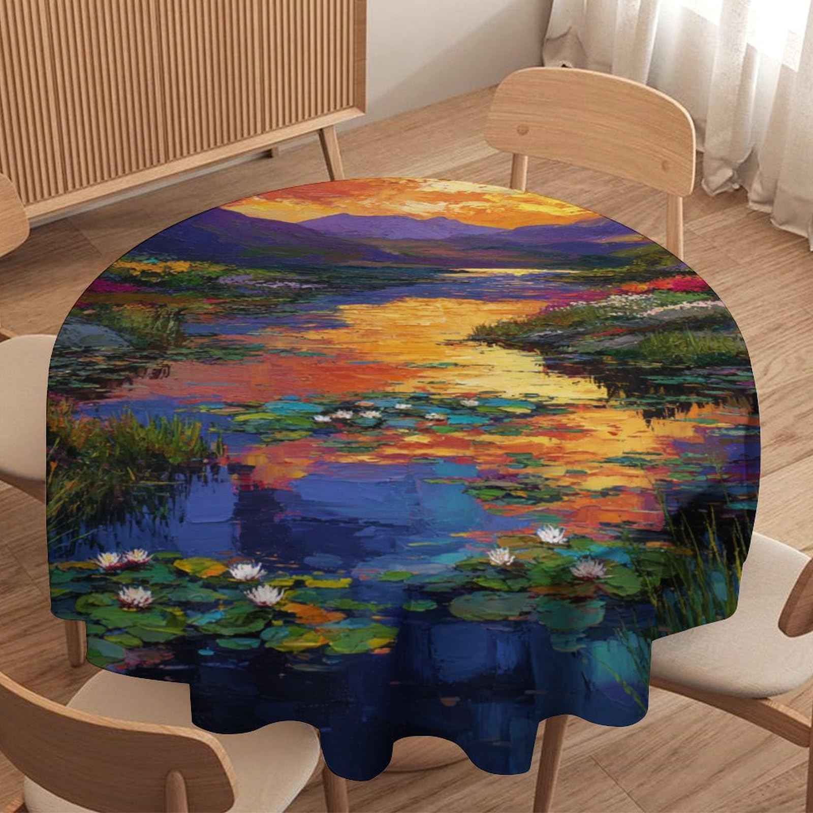 Luyysky Beautiful Fantasy Lotus Floral Waterproof Round Tablecloth Vintage Modern Spring Sunset Mountains Lotus Flowers Washable Table Cover For Kitchen-177.8" Wx177.8 L Cm