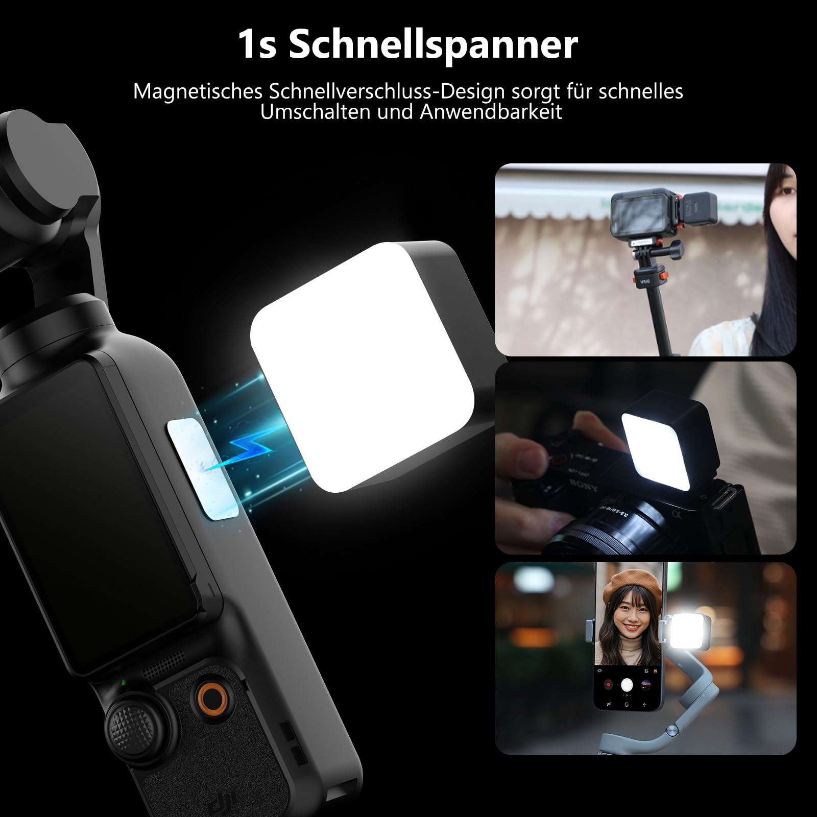 VRIG FD-02 Mini luz magnética de vídeo con parche de metal para DJI Osmo Pocket 3, 3000K-6000K USB-C cámara de acción luz de llenado para DJI Osmo Action 5 Pro/4/3, Pocket 4 y jaulas (negro)