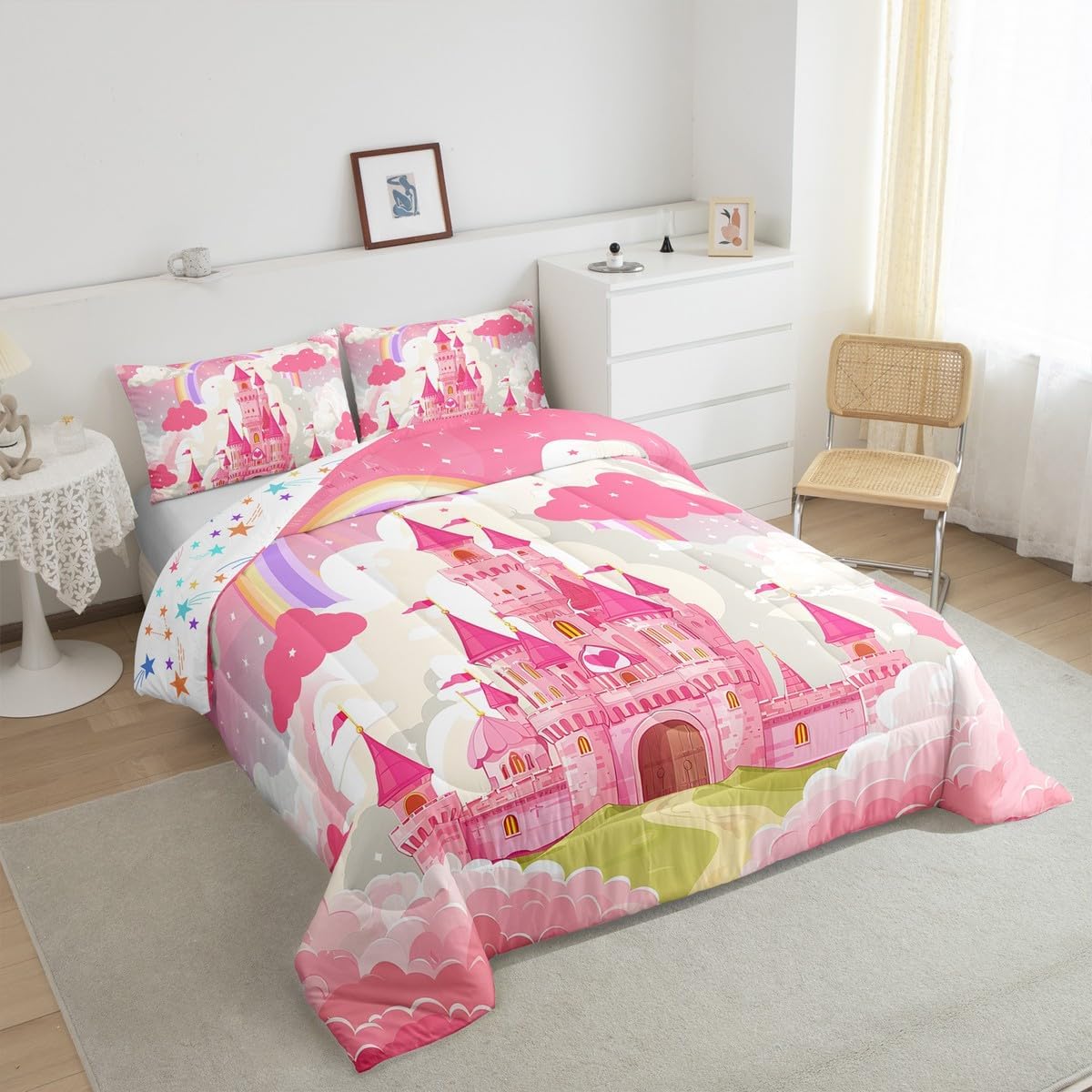 Feelyou Princess Castle Kids Bedding Set Twin Size, Pink Castle Comforter Set Fairy Tales Comforter Girls Princess Duvet Set Room Decor Microfiber Bed Set