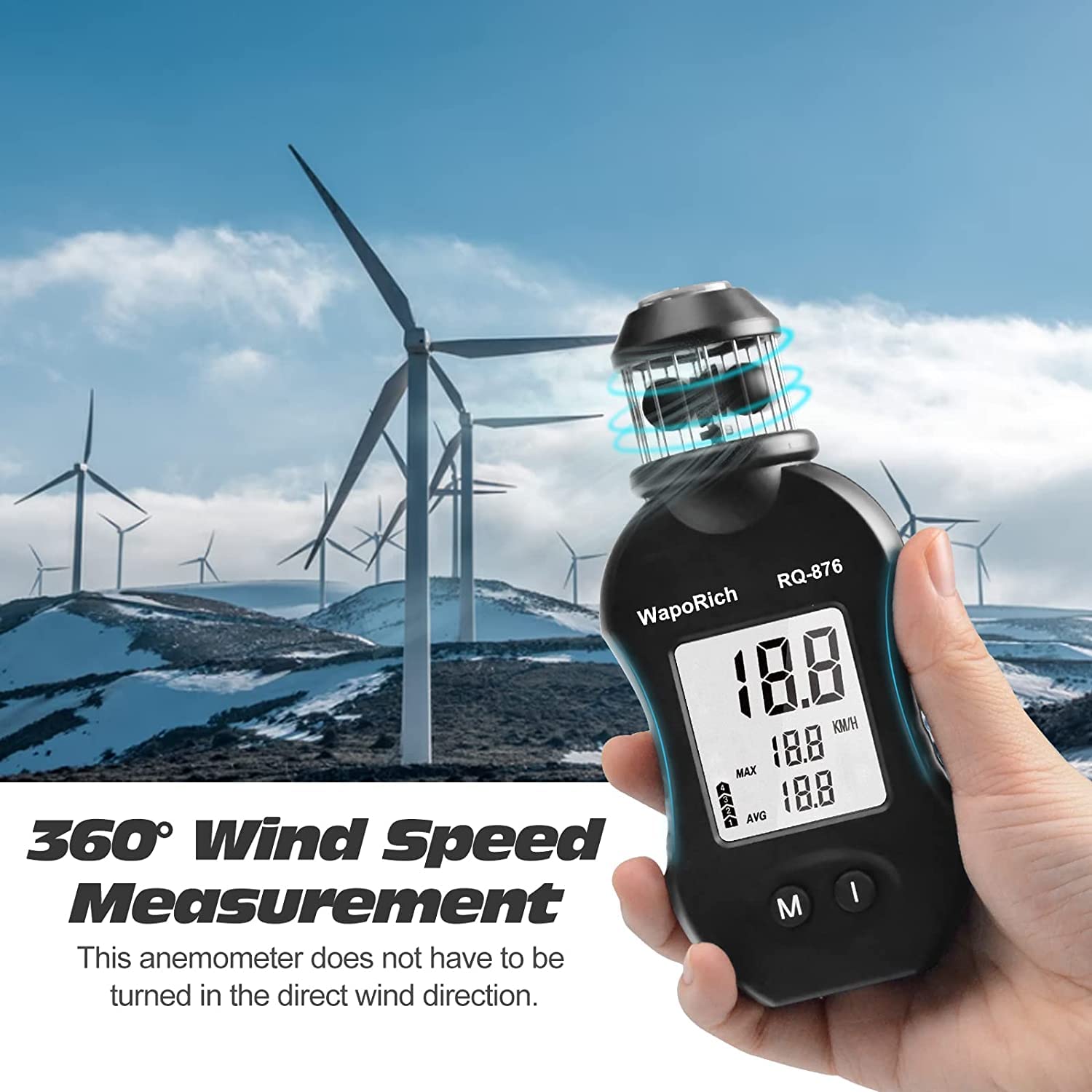 Anemometro a tazza a 360° portatile, WapoRich RQ-876 misuratore di velocità del vento con velocità del vento/temperatura del vento/test massimo/medio per HAVC, volo con drone, pesca, tiro