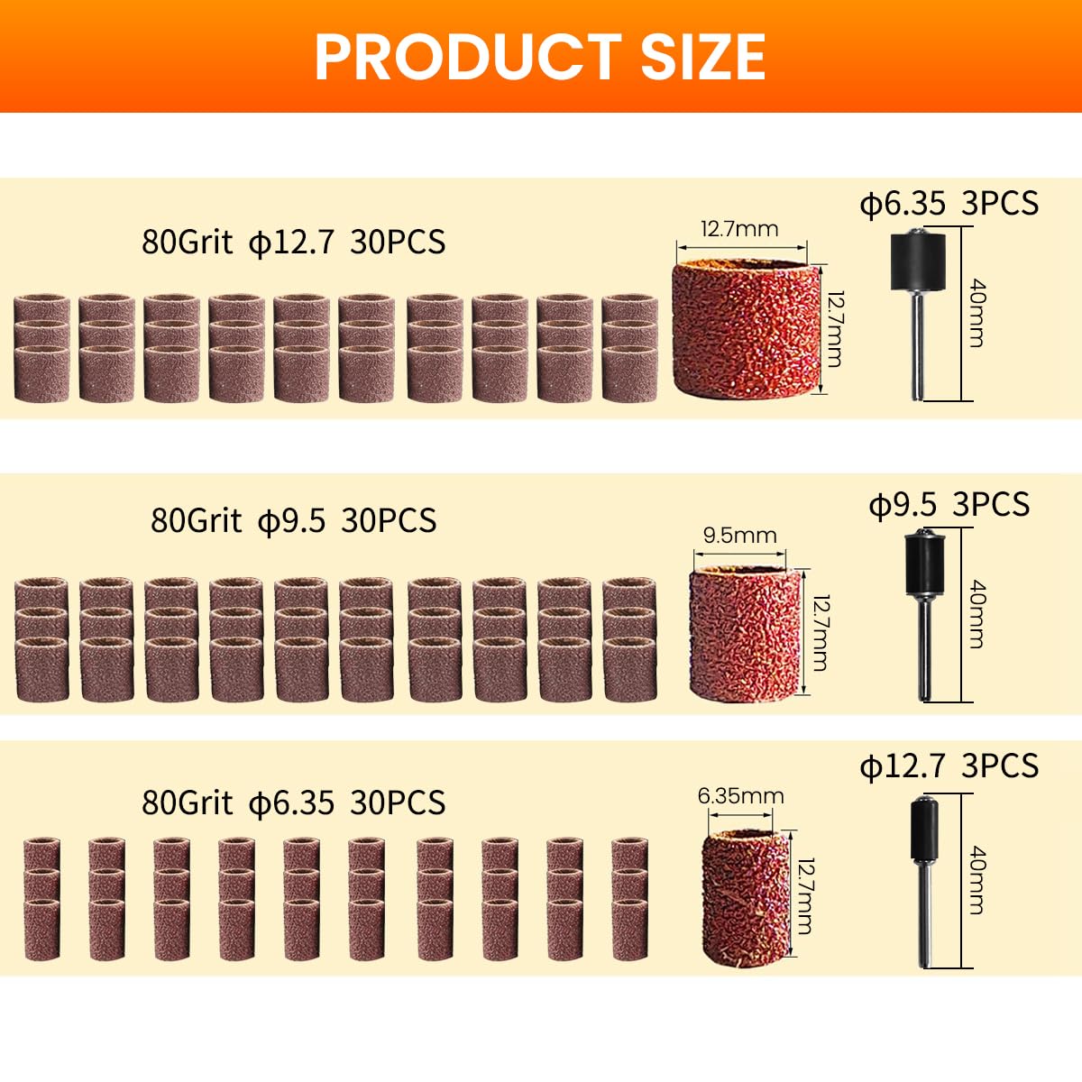 Serplex® 100pcs 80 Grit Drum Sander Sleeves Abrasive Sleeves Set with 1/2 inch & 1/4 Inch Sanding Drum Mandrels, Oxide Sandpaper Sanding Drum Sanding Bands for Shaping, Smoothing, and Grinding - Image 2 thumbnail