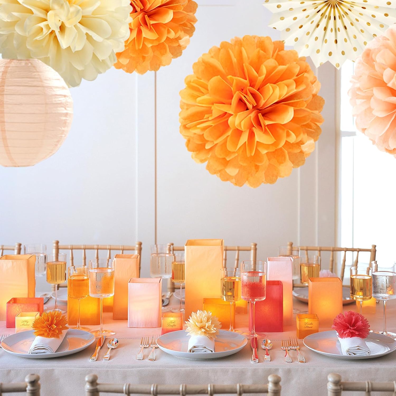 Beige-Orange Peach Fall Party-Decorations Paper-Lanterns- 14pcs Autumn Thanksgiving Harvest Birthday Boho Streamers Fan,Tissue Pom Poms, Baby Bridal Shower Wedding Engagement Decor Lasting Surprise