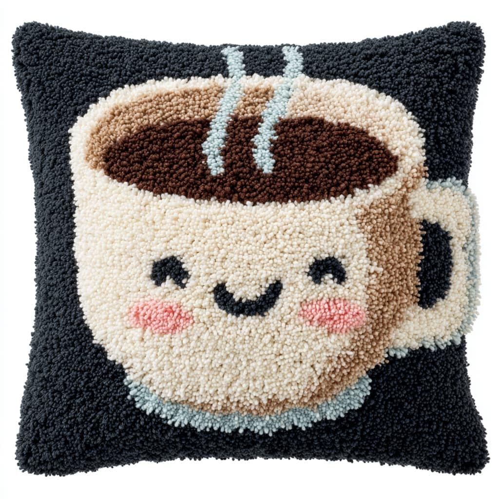 Taxpy Latch Hook Cushion Kits, Cartoon Teacup Pillow Case Rug Cover Beginner DIY Needlework Embroidery Kits Handmade Set 43 * 43cm