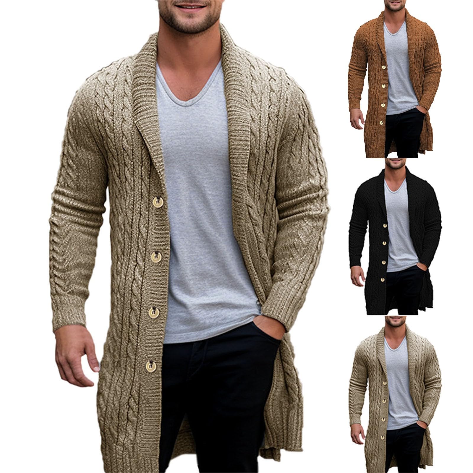 Generisch Cardigan da uomo, lungo, invernale, con bottoni e risvolto, in tinta unita, motivo a treccia, slim fit, cardigan, per le mezze stagioni, per il tempo libero, versatile
