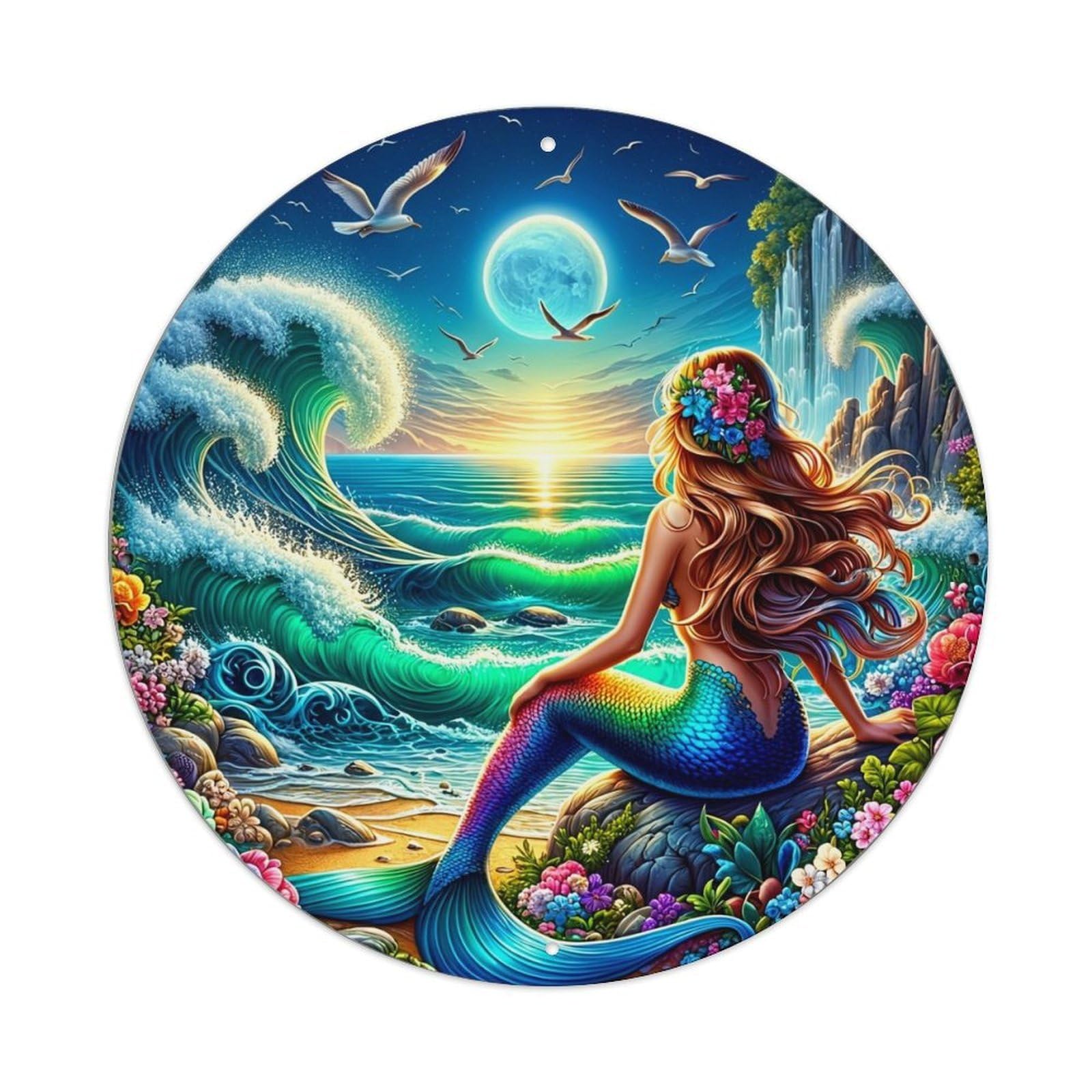 Mermaid Ocean Waves Sunset Flowers Vintage Round Tin Sign Retro Metal Wall Decor Metal Poster, Home Bar Garage Cafe Wall Art Decoration 8x8Inches