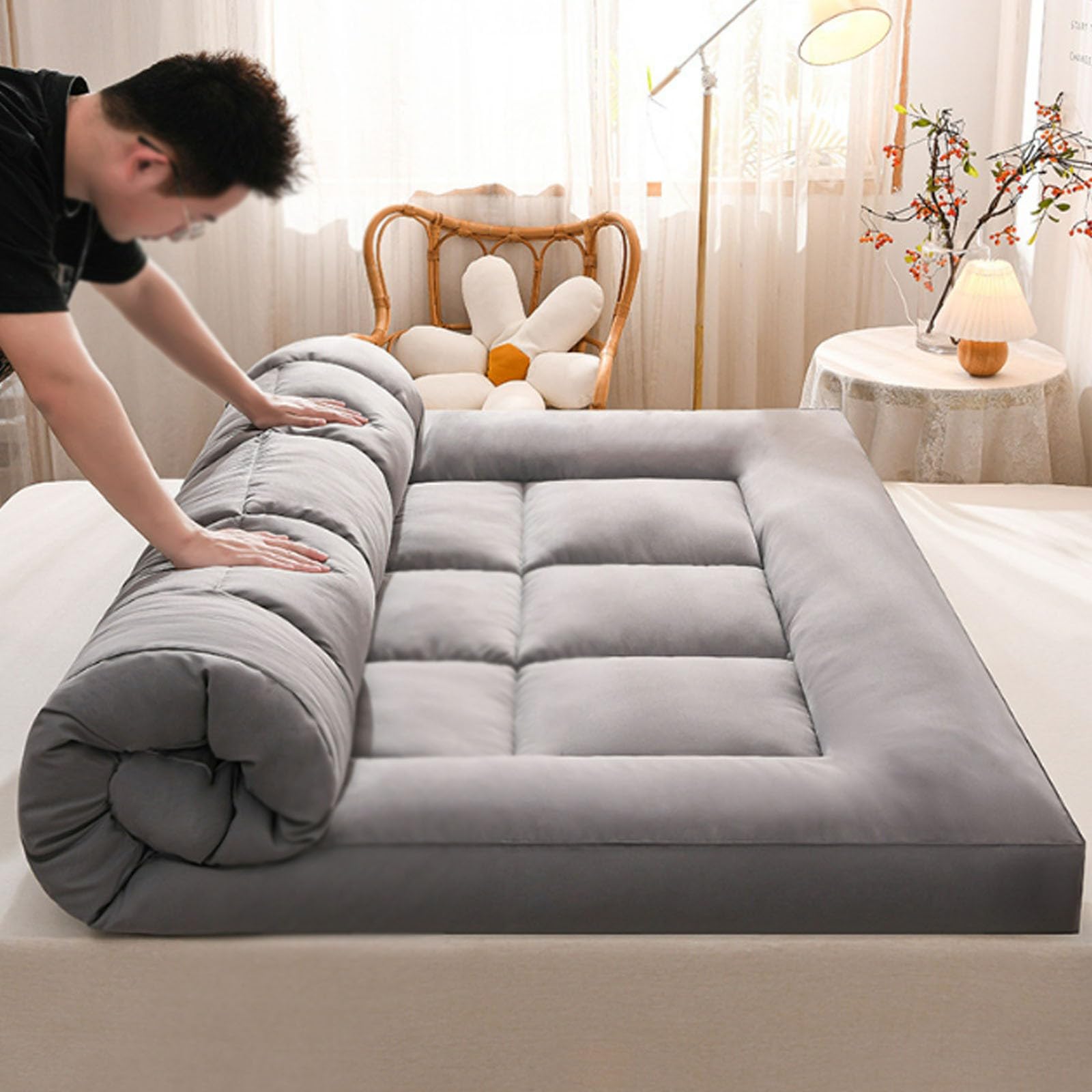 Materasso futon Giapponese Tatami Spesso, Cuscino in Velluto di Piume, Materasso Pieghevole per casa e dormitori(Gray,90 * 190cm)
