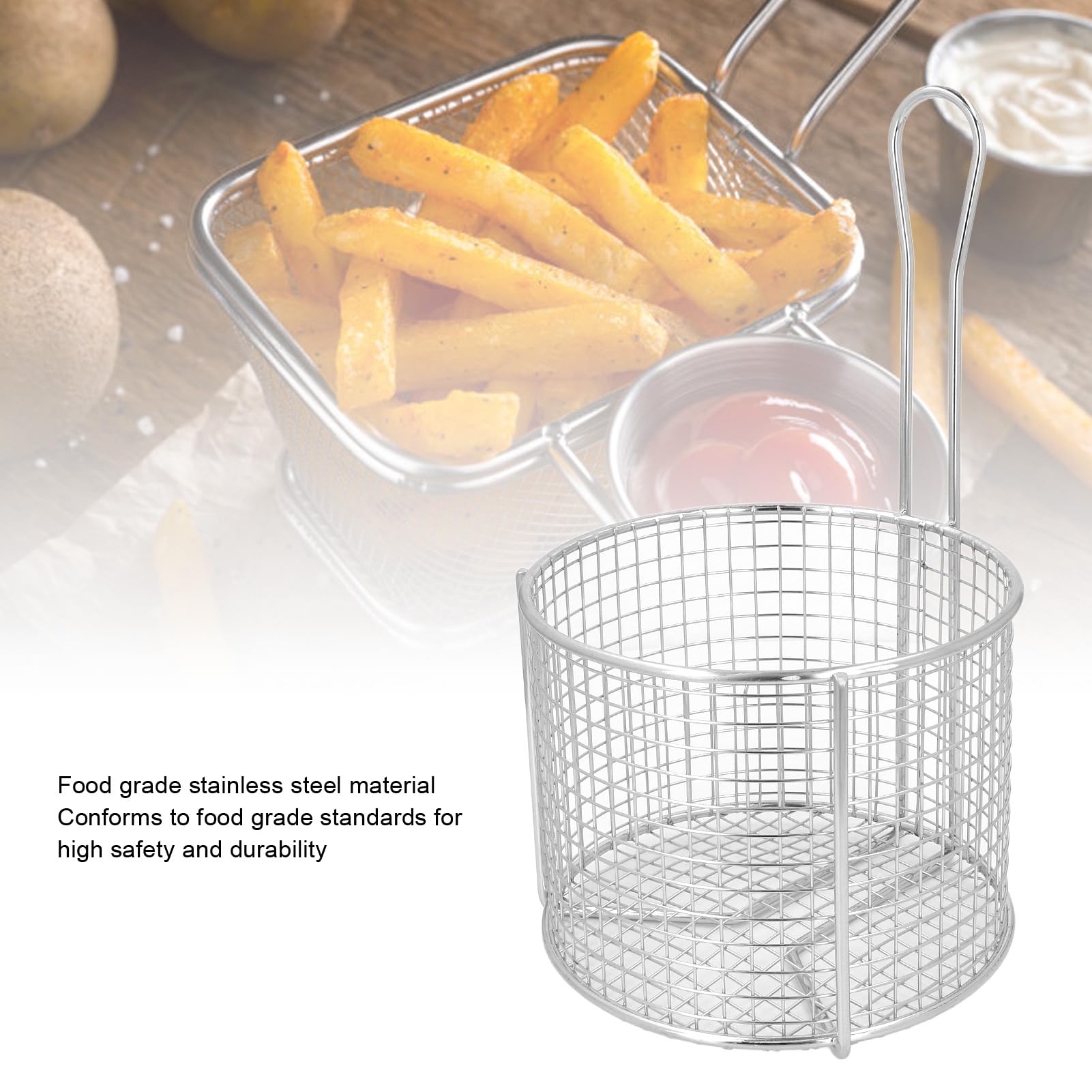 Cryfokt Cesta para Freír Redonda de Acero Inoxidable Precisa, Segura y Resistente para Freír y Servir Alimentos, con Asa para Utensilios de Cocina Domésticos (Malla escasa)