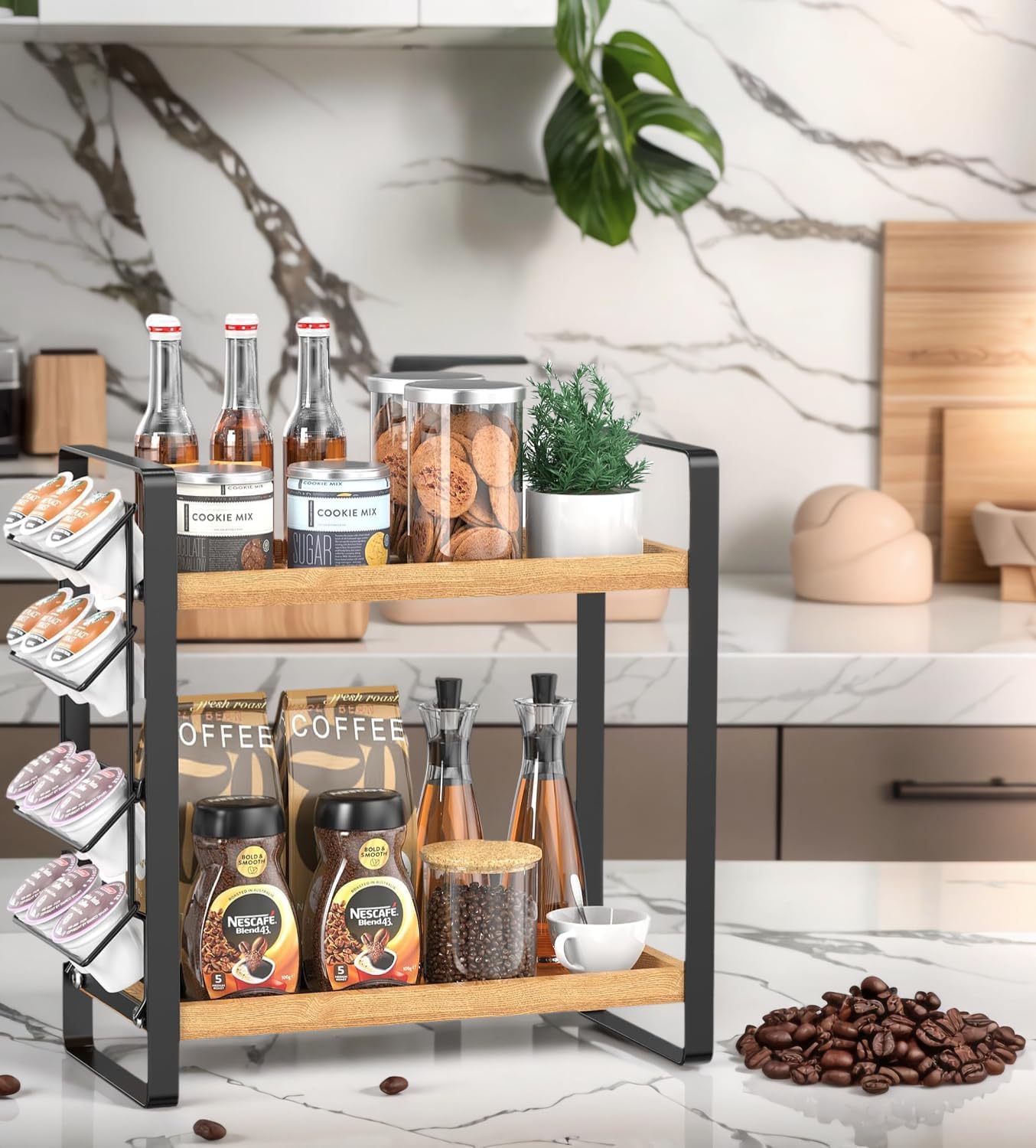 Porta Spezie In Bambù - Scaffale 40x40x21cm 2 Livelli | Organizer Cucina Sostenibile - Foto 4