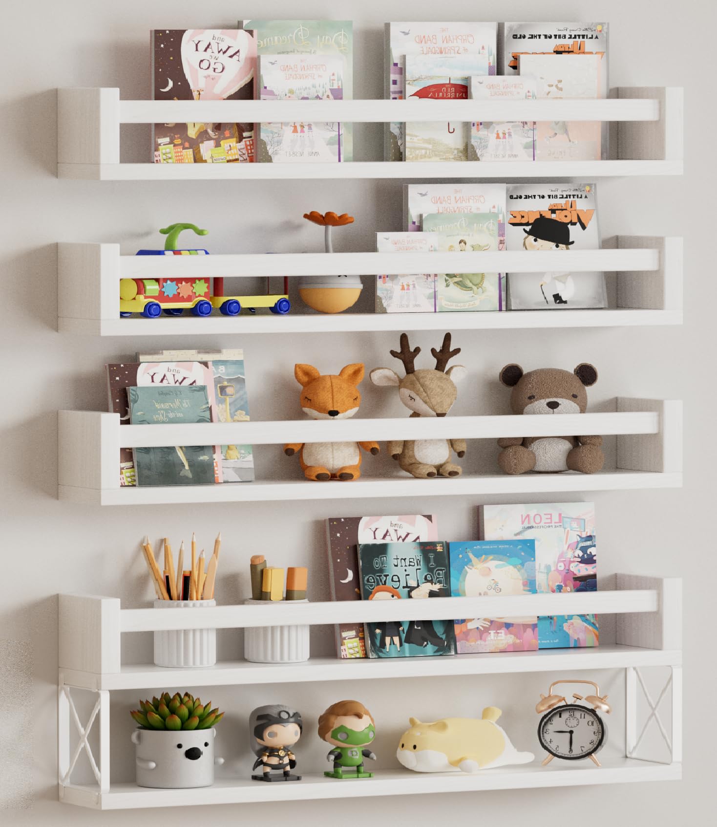 24 inch Floating Bookshelves for Wall, Kids Bookshelf, White Solid Wood Nursery Book Shelves, Wall Shelves for Living Room Bedroom Decor