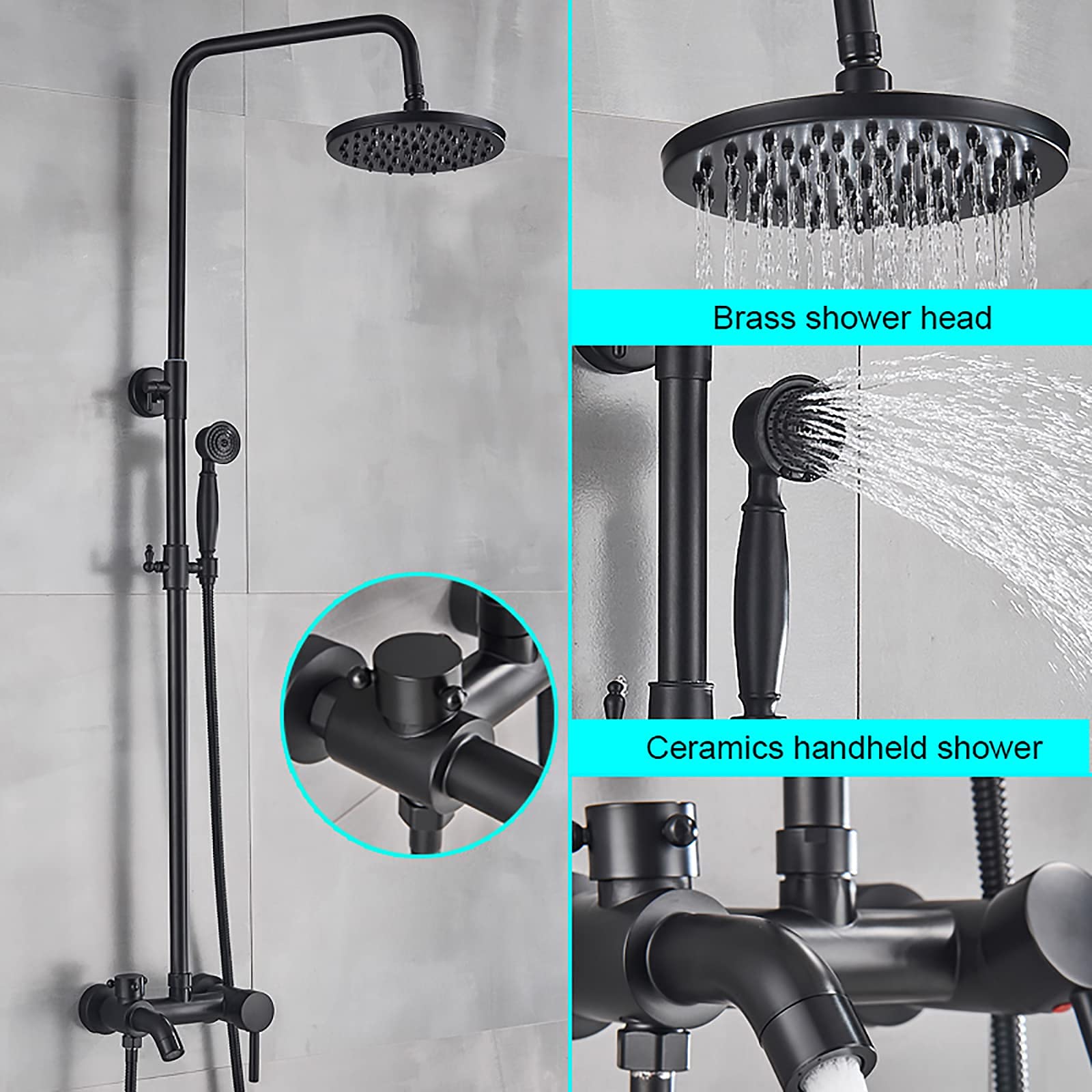 Set Doccia A Pioggia Nero In Acciaio Inox – Con Rubinetto, Doccino Estraibile, Altezza Regolabile, Fori In Silicone Anticalcare