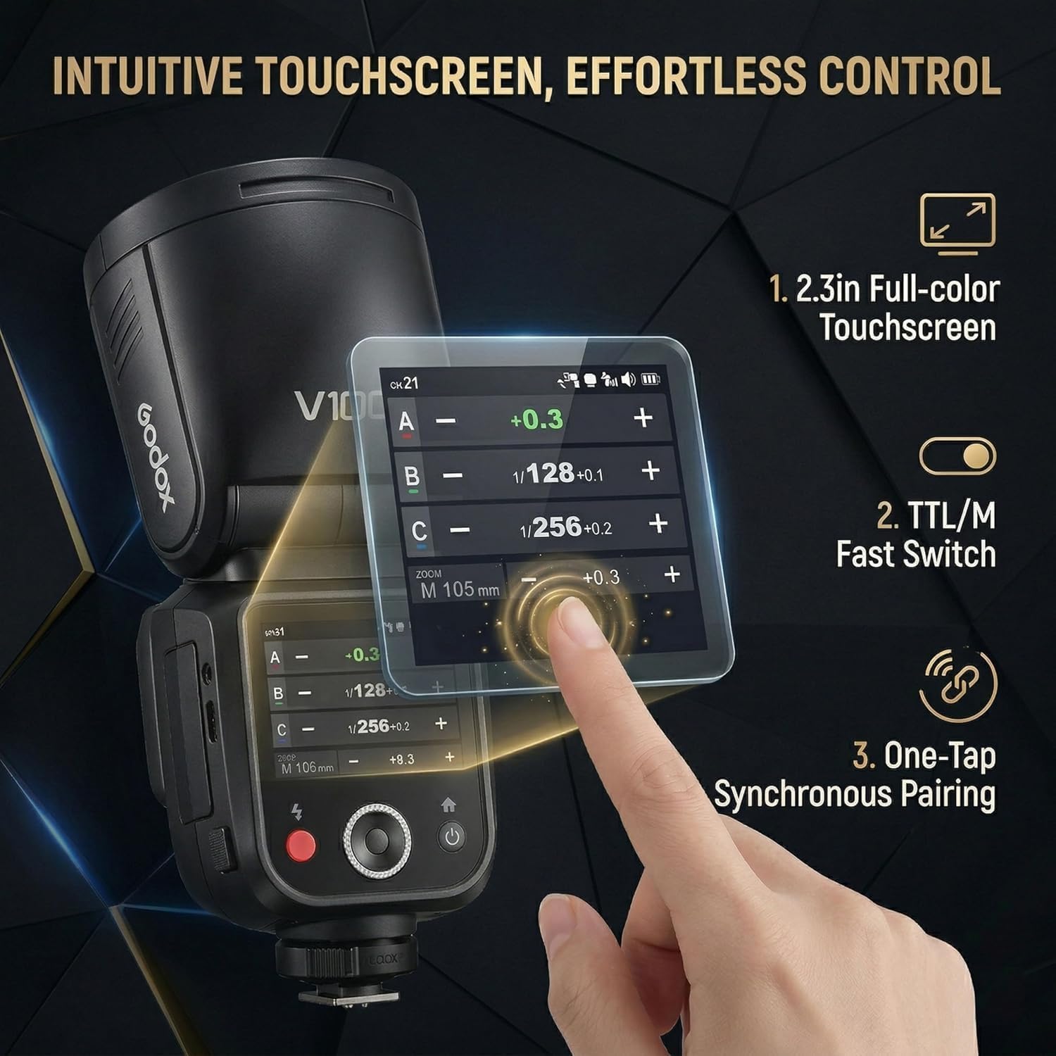 GODOX V100 S Kamera Blitz für Sony, V100S 100Ws Rundkopf Blitzgerät mit 2.3" Touchscreen, 1.7s Recyclingzeit, 2980mAh Li-Ion Akku für 400 Volllast-Blitze, für a7 iii a7c a7IV a7c a7RV a9III