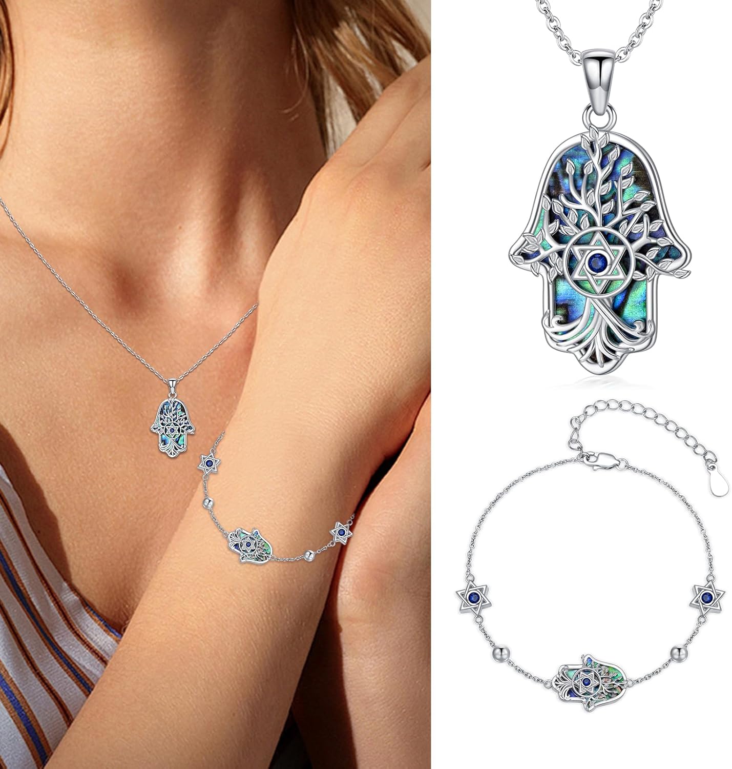 Hamsa Necklace 925 Sterling Silver Evil Eye/Lotus Flower/Star of David/Chai/Yin Yang Hamsa Hand Pendant Jewelry Hand of Fatima Gifts for Women - Image 6