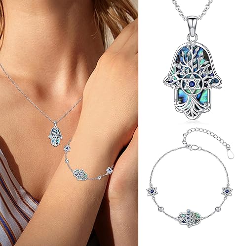 Miniatura 6 de Collar Hamsa de plata de ley 925 con dije de mano de malvado de ojo, flor de loto, estrella de DavidChaiYin Yang Hamsa, joyería de mano de Fátima,