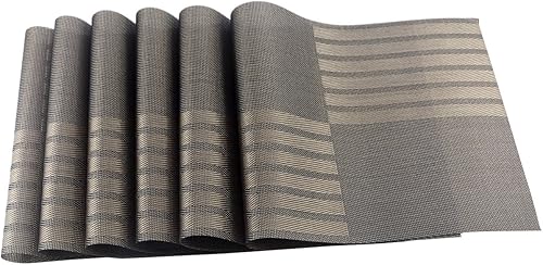 Miniatura 12 de Crossweave - Juego de 6 manteles individuales de vinilo tejido antideslizante, aislamiento térmico, resistente a las manchas, lavables, (6, marrón)