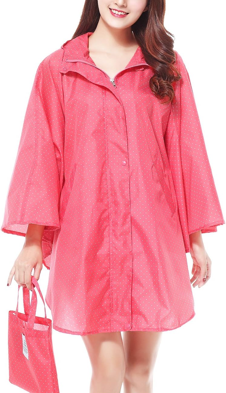 Unisex Pongee Rain Poncho Emergency Waterproof Breathable for Adults Tall Big Rain Coats Jacket Rainproof Jacket for Ladies Portable Raincoat Outdoor with Zipper Hooded Bike Rainwear Polka Dot Pink