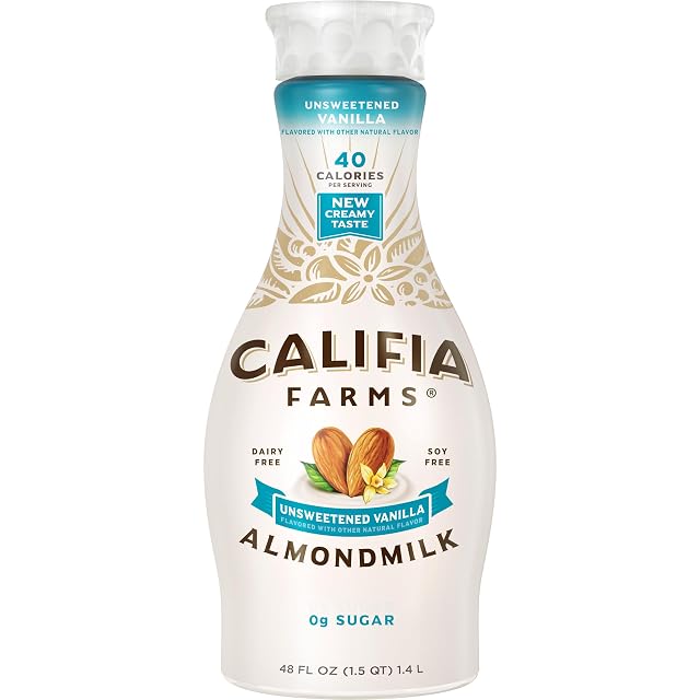 Califia Farms - Unsweetened Vanilla Almond Milk 48 Oz Dairy Free Vegan Plant Based Keto Gluten Free Non
