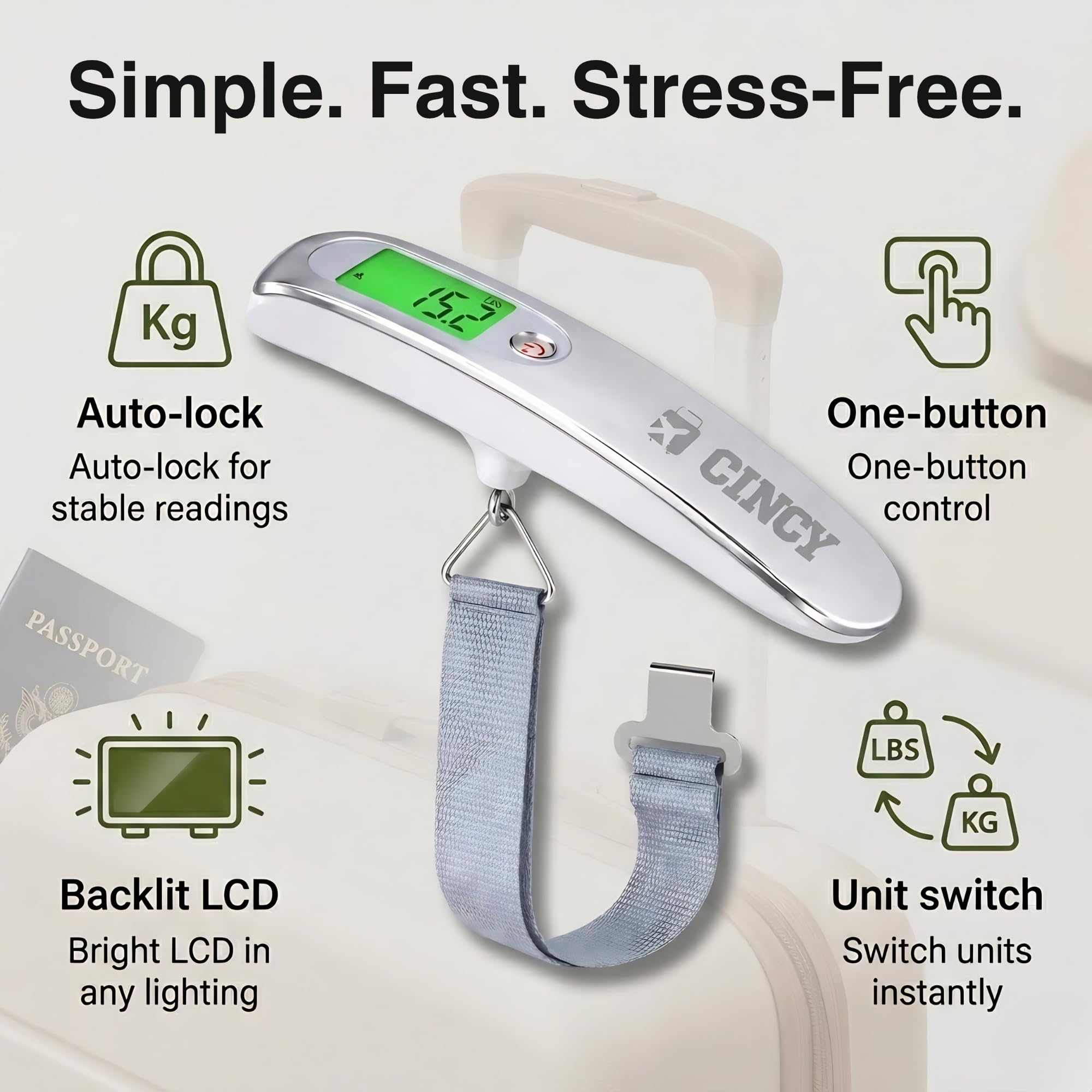 Bilancia digitale per bagagli, 50 kg, ad alta precisione, con LCD retroilluminato, autobloccante, 4 unità e cinghia resistente, bilancia portatile per valigie per la prevenzione delle tariffe dei
