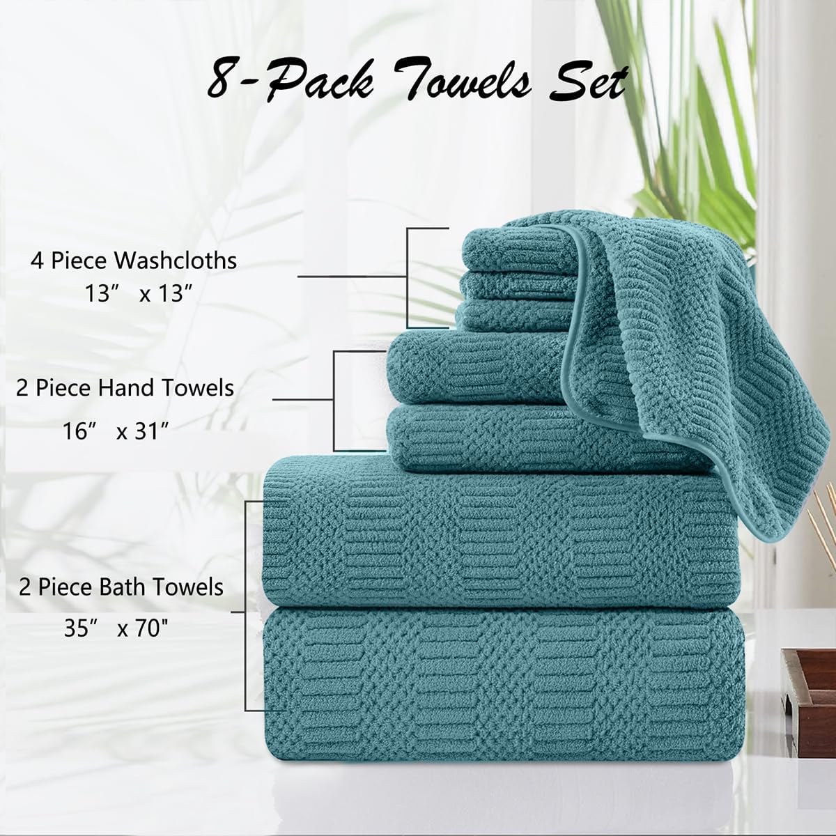 8 Piece Oversized Turquoise Bath Towel Set-2 Extra Large Bath Towel Sheets,2 Hand Towels,4 Washcloths-600GSM Soft Highly Absorbent Quick Dry Beach Chair Towels Woven Towels for Bathroom Hotel and Spa - Image 4