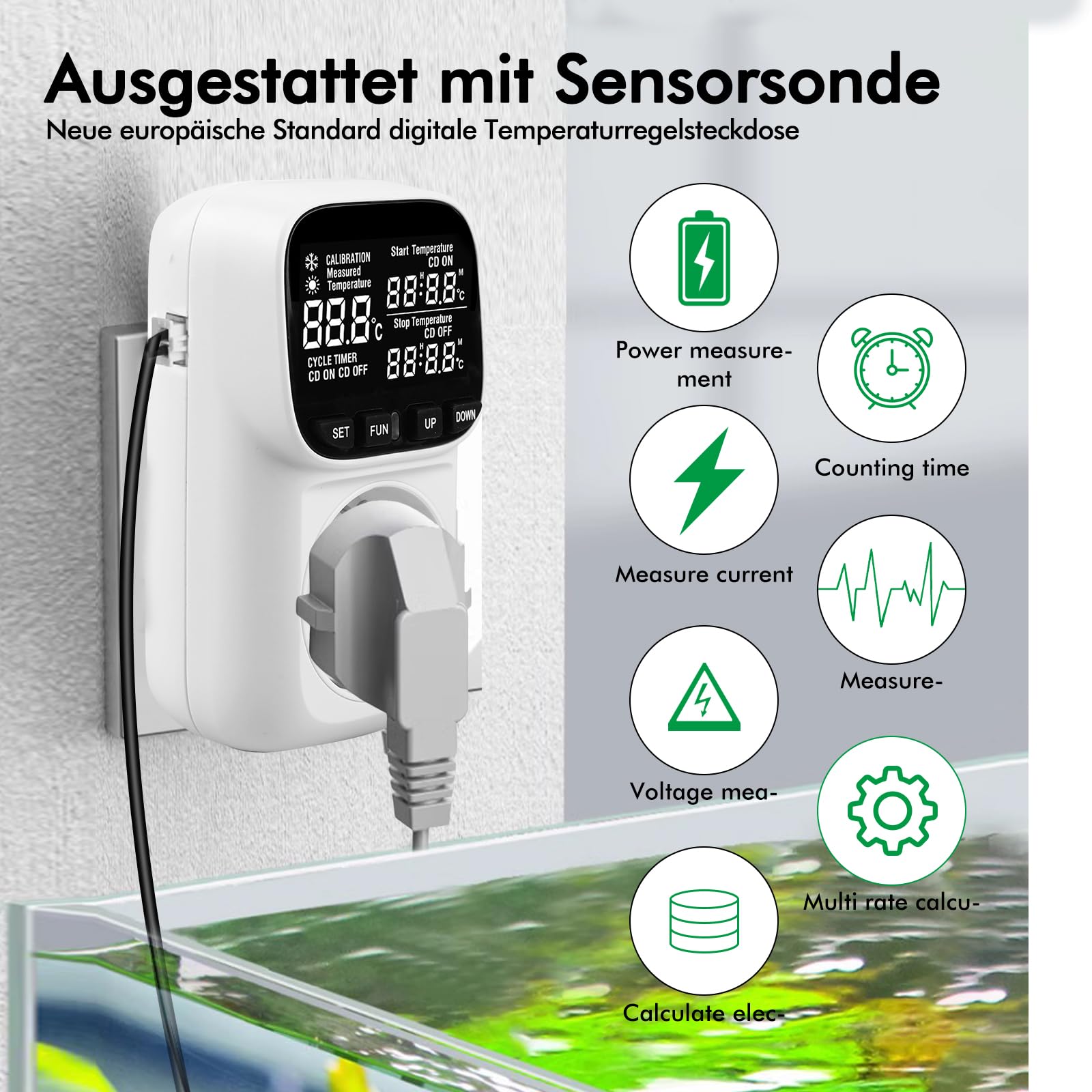 Regulador de temperatura digital 230 V con sensor, calefacción, refrigeración, termostato, toma de corriente, interruptor de temperatura con temporizador, alarma para invernadero, acuario, terrario,