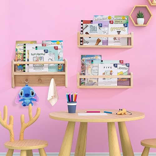 Miniatura 5 de AZSKY Estantes de guardería para pared de habitación de niños, estante de guardería con ganchos para dormitorio, estante flotante de 16 pulgadas