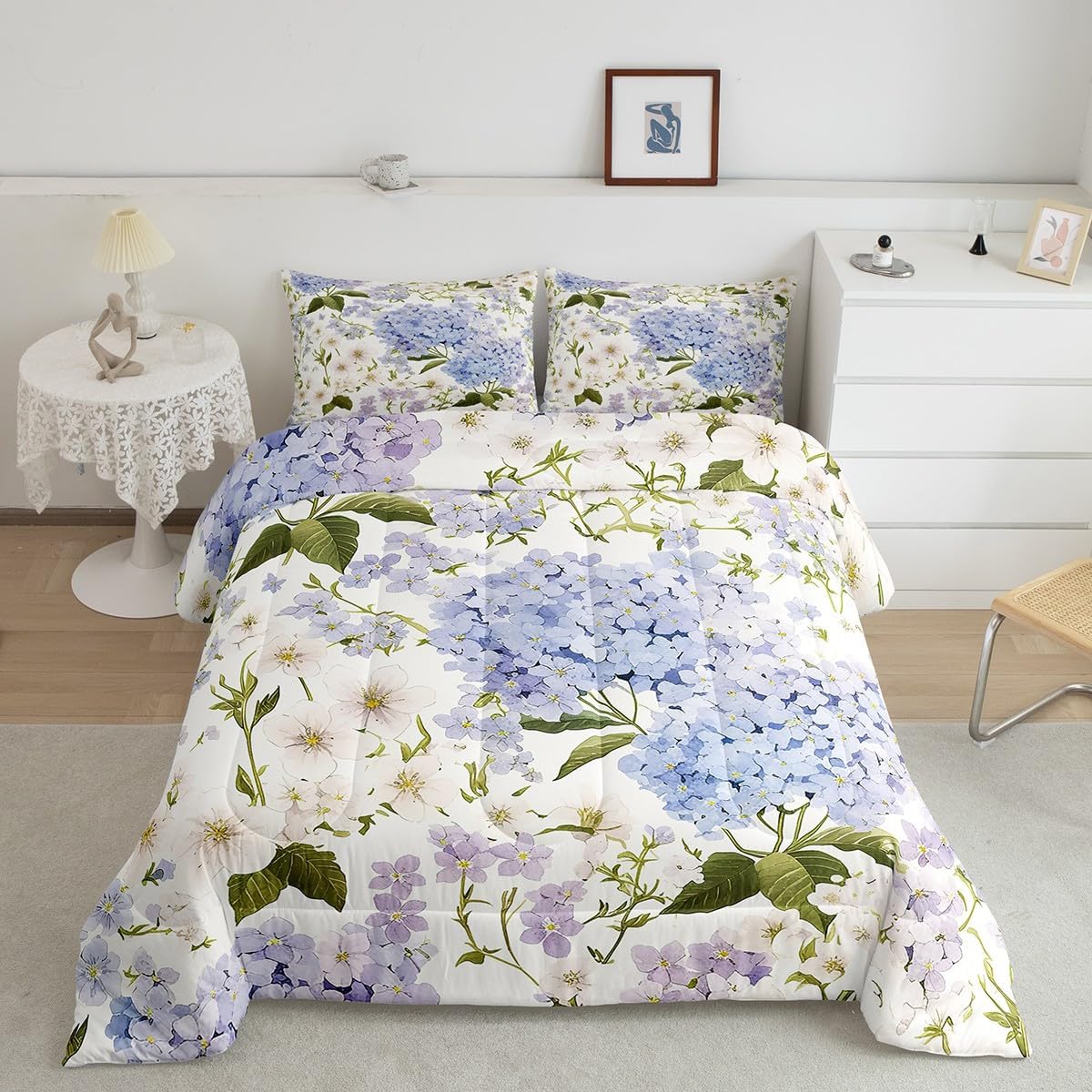 Feelyou Hydrangea Comforter Set Queen Size Kids Hydrangea Floral Comforter for Boys Teens Garden Flowers Bedding Set Natural Theme White Blue Duvet Set Room Decor Quilt Set
