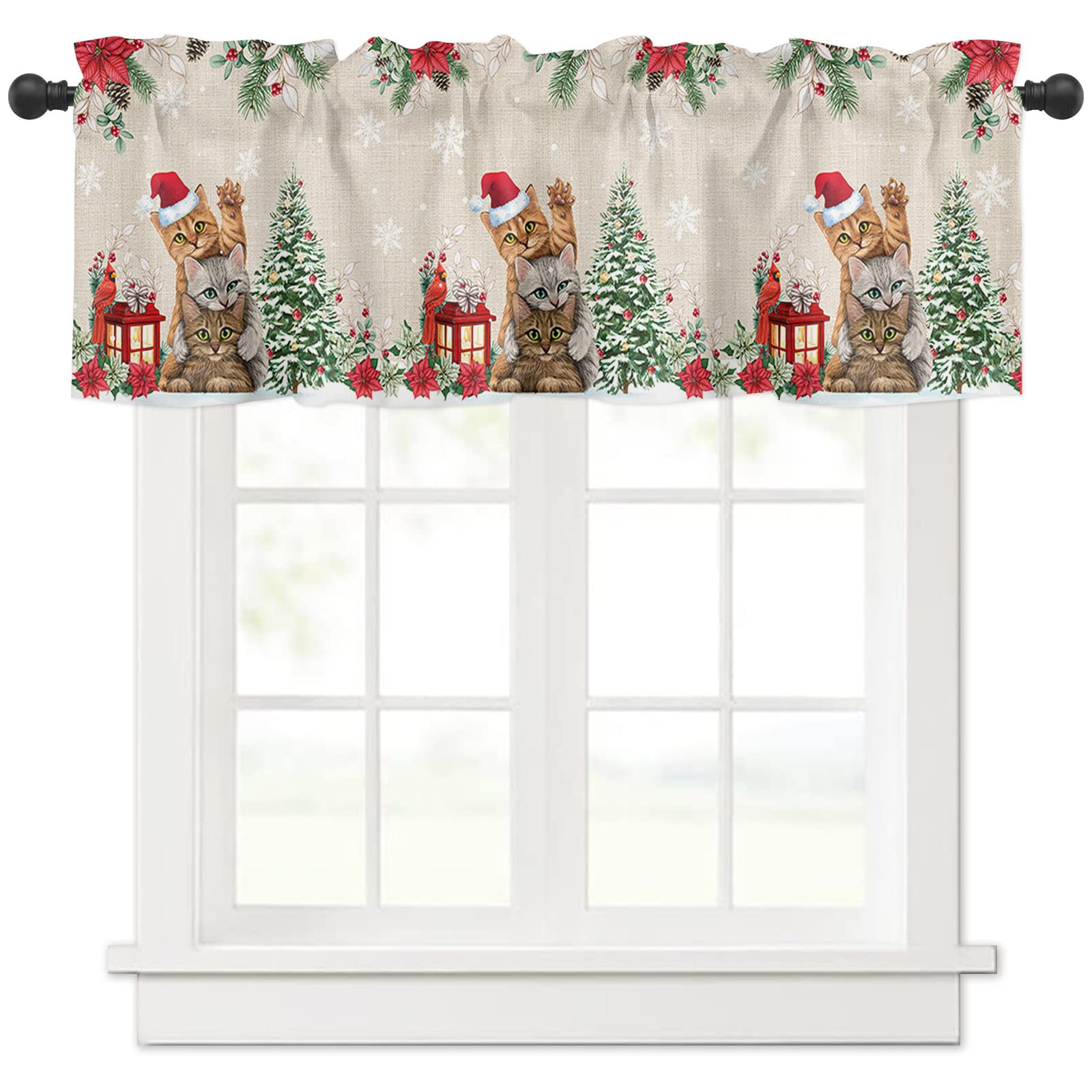 Window Curtain Christmas Valance for Living Room Bedroom Kitchen Curtain Xmas Poinsettia and Pine Tree Lovely Cat Winter Holiday Snowflake Rod Pocket Curtain Valance 1 Panel 54
