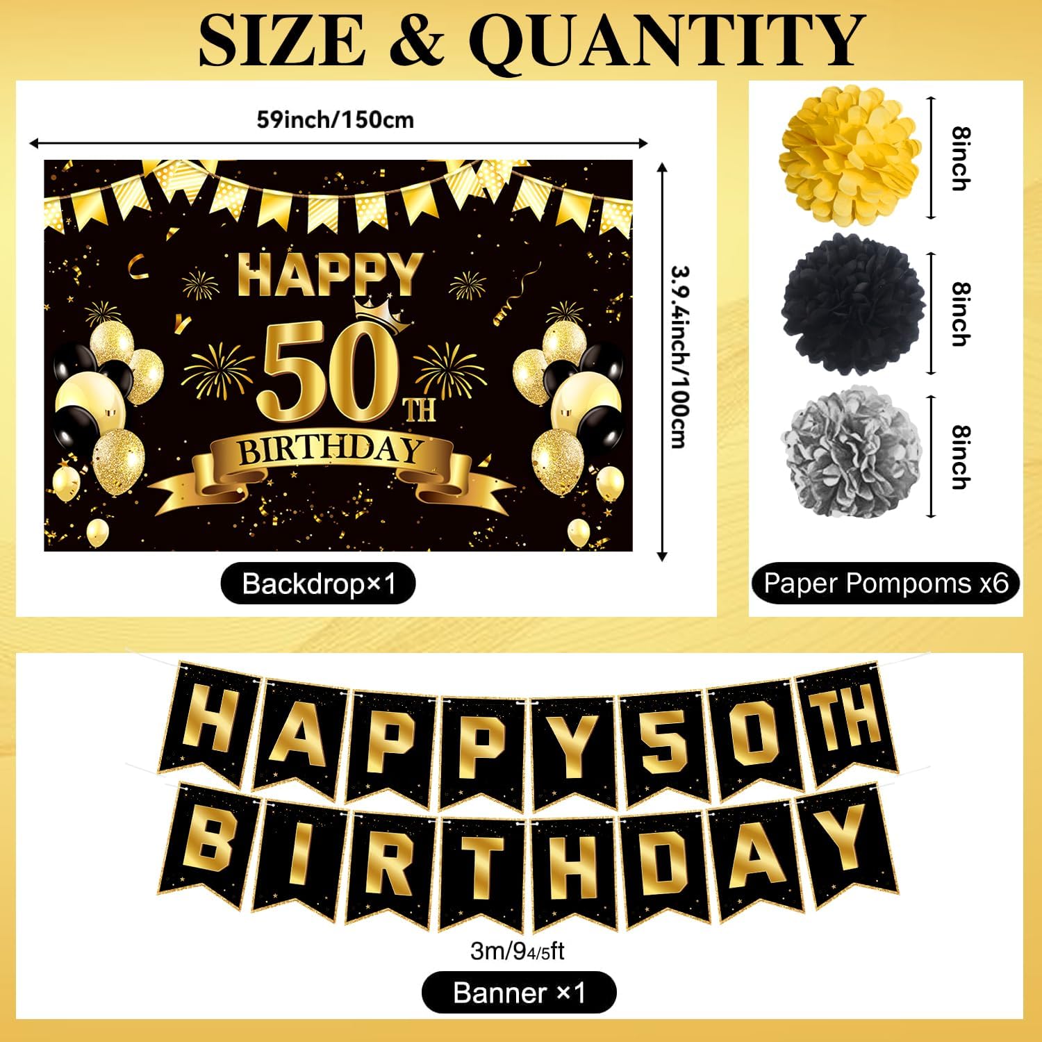 50th Birthday Decorations, Pre-Strung Happy Birthday Banner with Balloons, Backdrop, Honeycomb Centerpieces, Hanging Swirl Streamers, Black Gold Happy Birthday Party Decorations for Men Women - Image 5