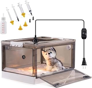 Pet Oxygen Chamber, Puppy Incubator for Newborn Puppy and Kitten, Nebulized Oxygen Critical Care Unit for Dog and Cat, with Kitten Bottle Feeding Kit and Pet Warming Lamp, Thermometer and Cotton Pad