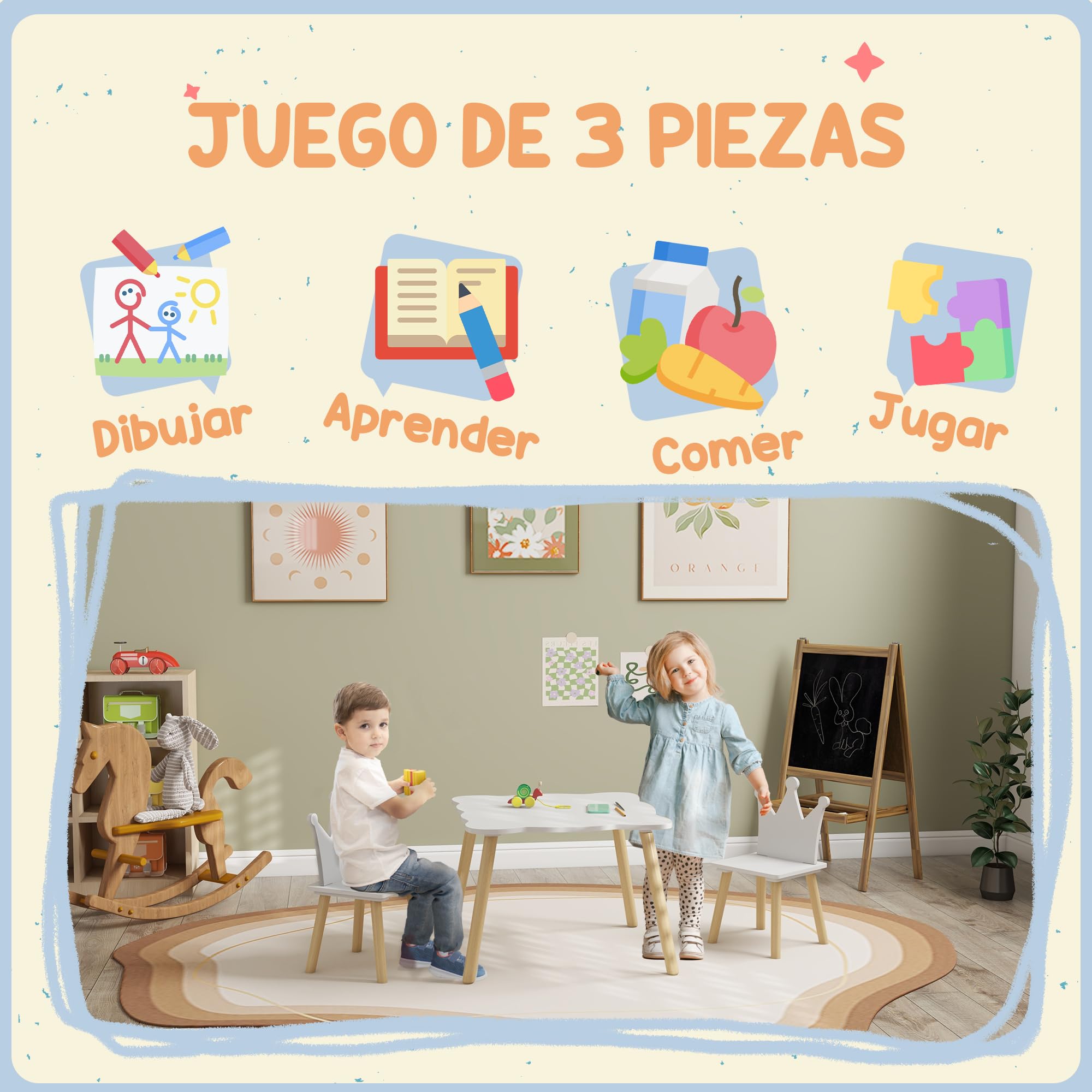 AIYAPLAY Mesa y Sillas Infantiles de 3 Piezas Mesa Infantil con 2 Sillas con Respaldo en Forma de Corona para Niños de 3-6 Años para Sala de Juegos Dormitorio Guardería Blanco