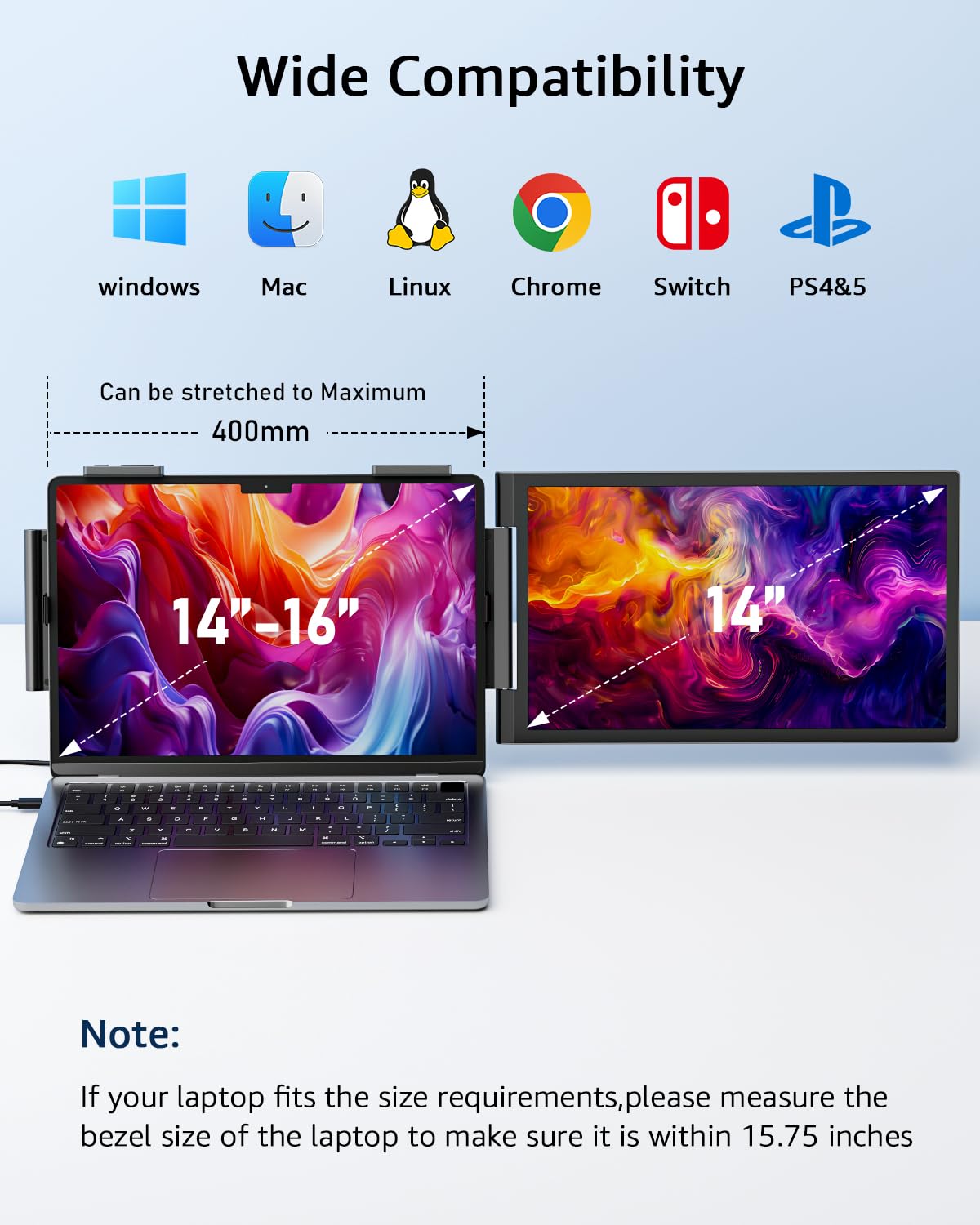 Yodoit Laptop Screen Extender, monitor da viaggio FHD da 14" con risoluzione 1920×1080, porta USB Type C e altoparlanti integrati, compatibile con PC, MacBook, Xbox