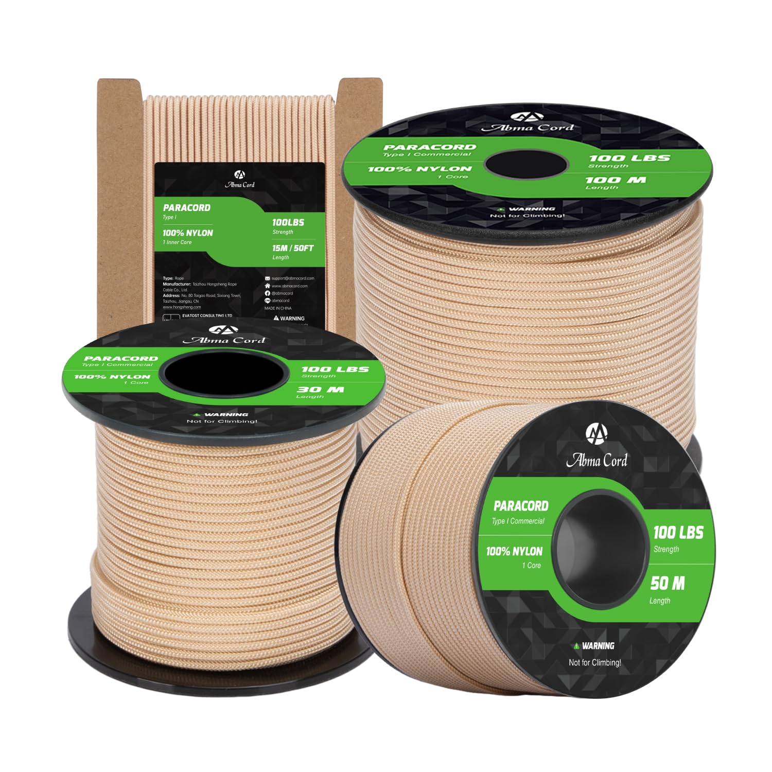 Abma Cord Paracord 2mm 15m 100% Nylon Rope 1 Strand Type I Parachute Cord - Max. 45kg (100lbs) - Khaki