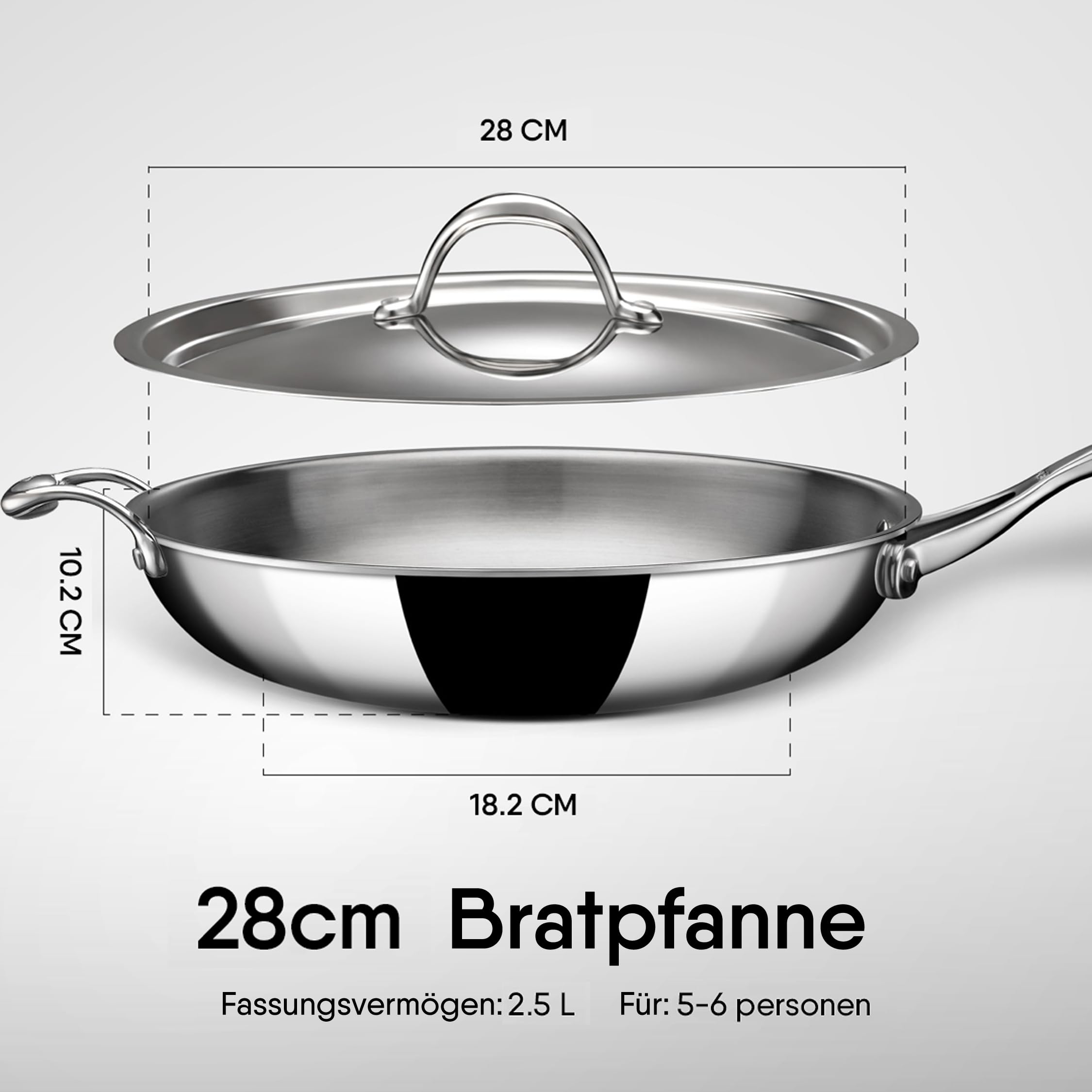 stahl Triply Edelstahlpfanne | Edelstahlpfanne mit Deckel | Bratpfanne mit Induktionsboden | Ø 28 cm | 2,3 l (für 7 Personen)