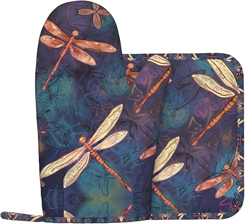 Juego de guantes de horno y soportes para ollas pintados a mano con libélula impresos, resistentes al calor, antideslizantes, guantes de cocina, 2