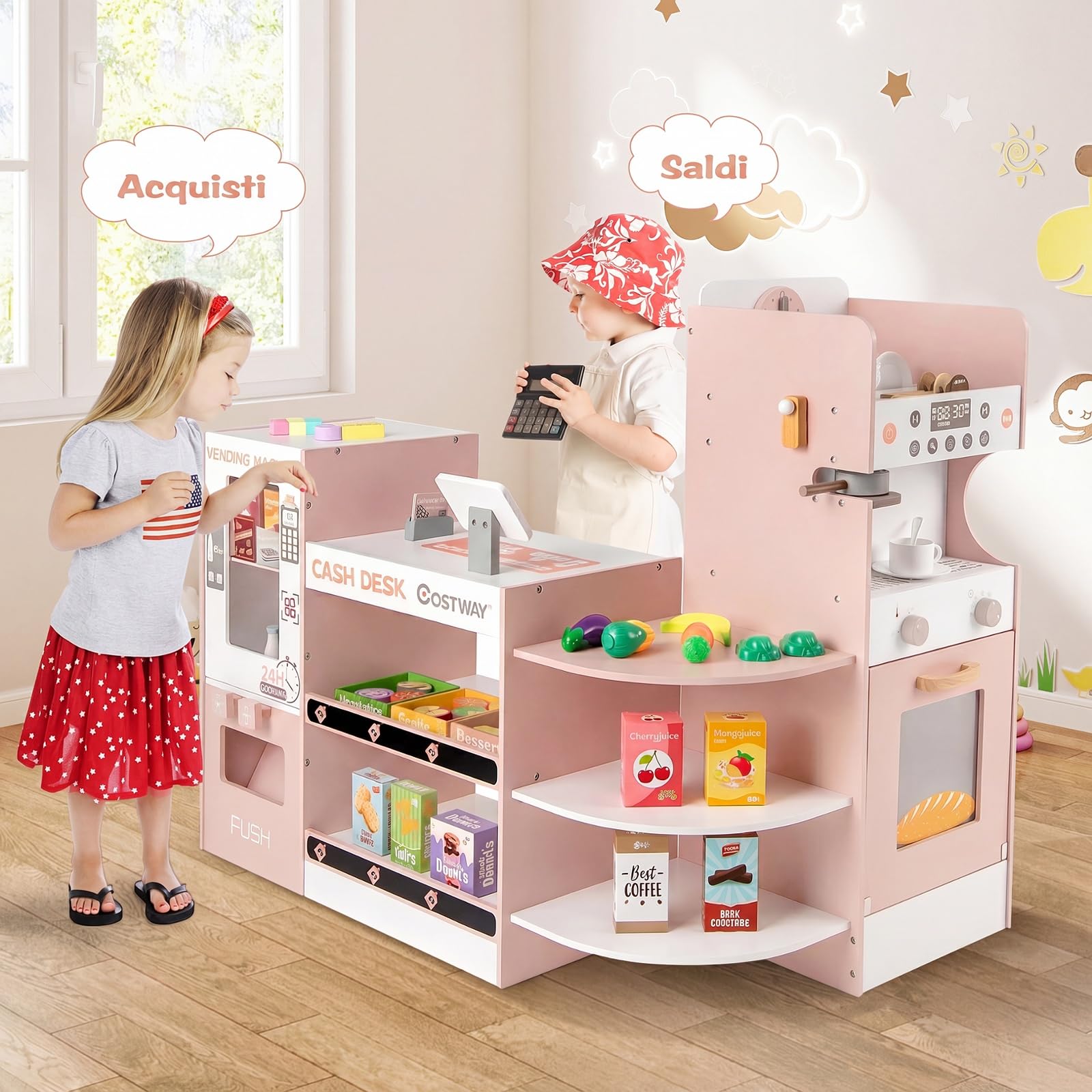 COSTWAY Mercato Giocattolo per Bambini, Negozio Giocattolo in Legno (Rosa) | con Cassa, Macchina Caffè e Distributore Automatico, Banco Mercato Giocattolo con Scaffali e 30 Accessori, per Bambini 3+ Ann