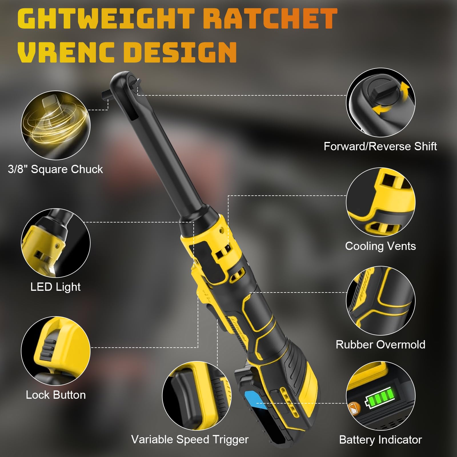 80N.m Ensemble de clé à cliquet électrique 3/8" étendue Compatible avec Dewalt 18V 20V, kit de clé à cliquet sans fil de 16 cm avec 7 douilles, adaptateur 1/4", clé à cliquet motorisée avec éclairage