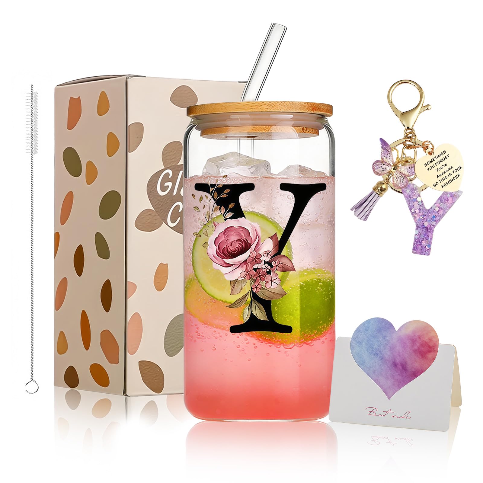 AWSOLAR 17.6oz Glass Cups with Lids and Straws, Y Iced Coffee Cup