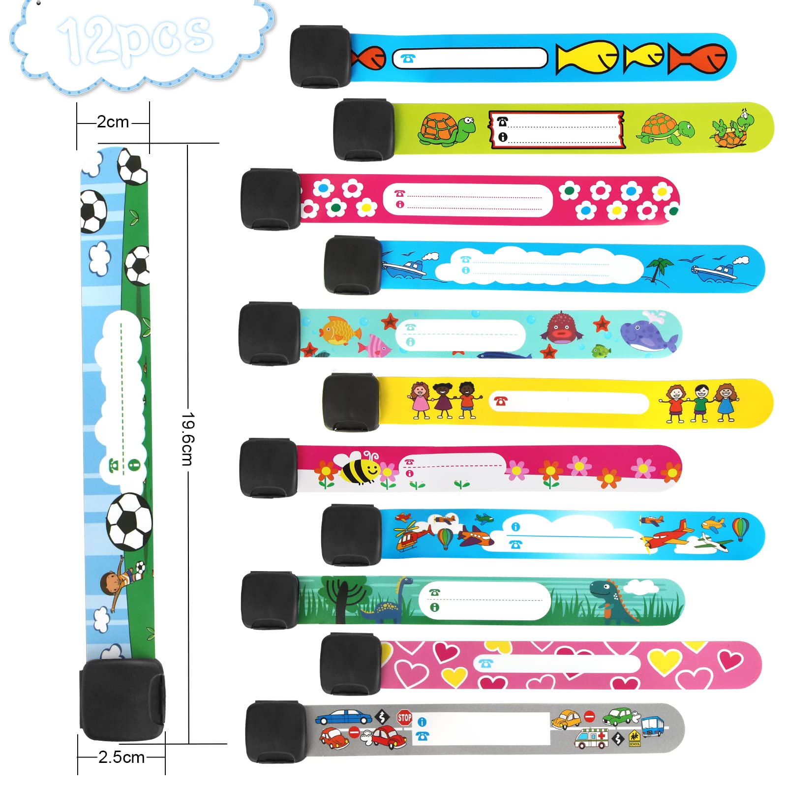 Bracelet Securite Enfant 12 Pack Bracelet Identification Enfant Bracelet Securite ID Bracelet，Imperméable et réutilisable，Convient aux activités de plein air des enfants