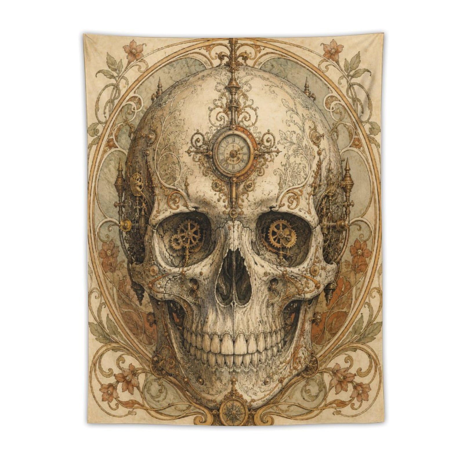 Clockwork Skull Wall Tapestry, Fantasy Illustration, Stylized Gears