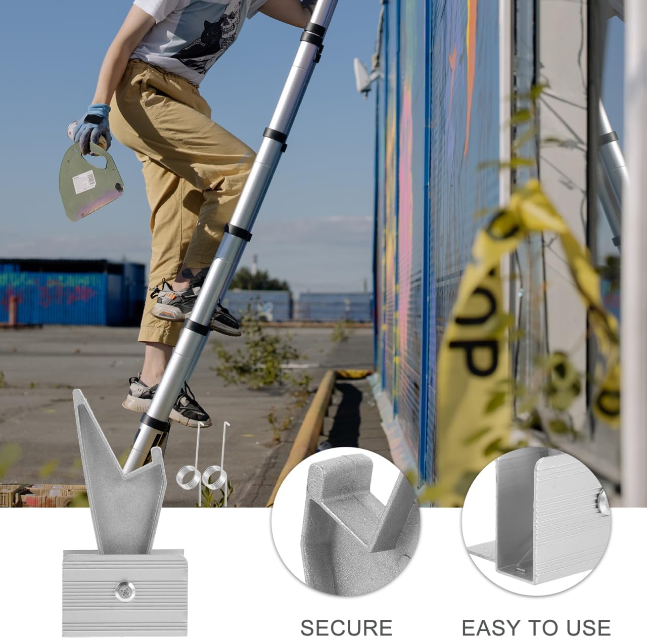 Mikikit Aluminum Extension Ladder Stabilizer with Telescopic Design and Adjustable Rung Lock Ladder Clamp Accessory for Home and Engineering Use with Lift Rope