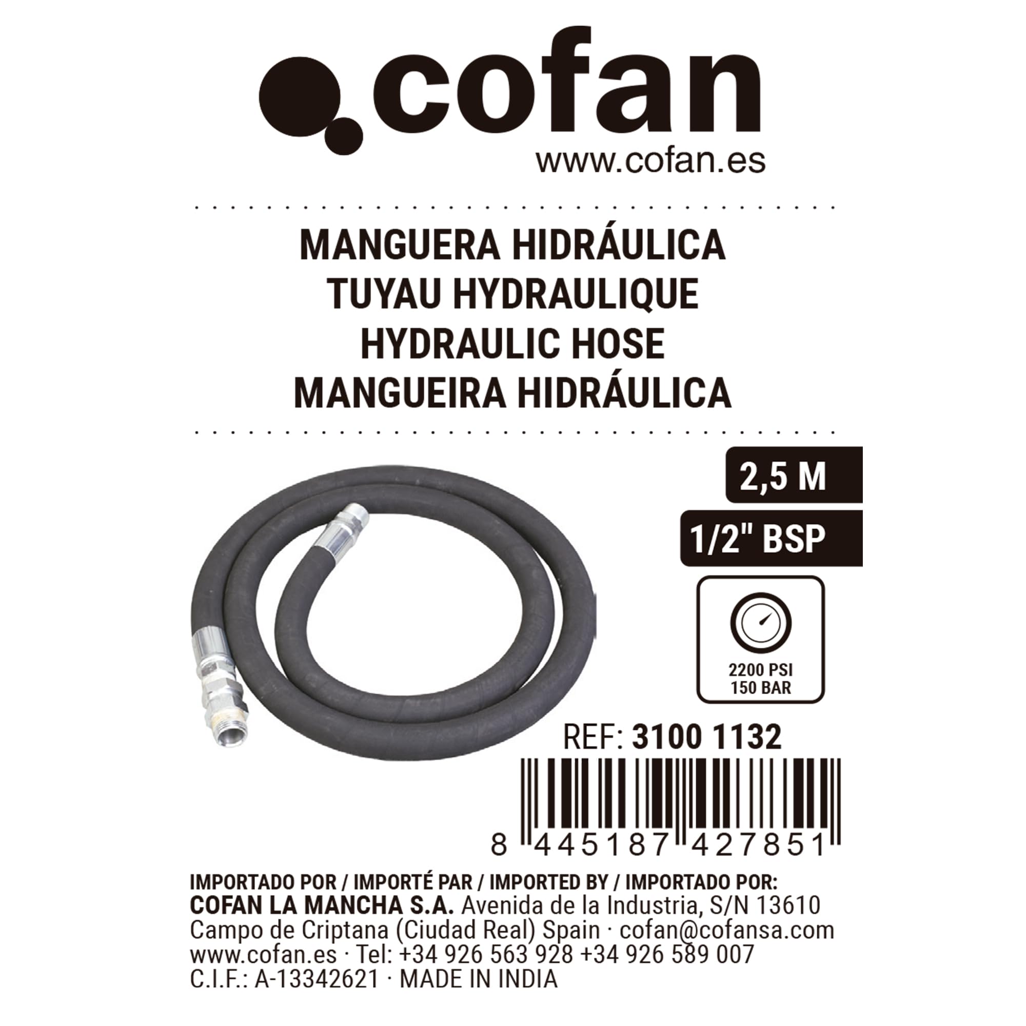 Cofan Manguera hidráulica | Presión: 2200 PSI | 1/2" BSP | Longitud: 2,5 m | Adecuado para bombas neumáticas lubricantes