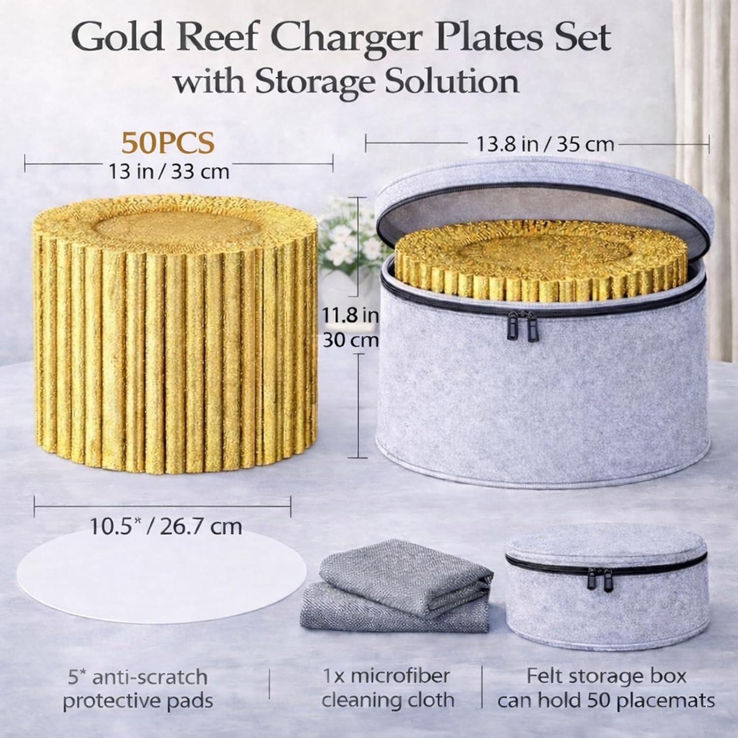 50PCS Bright Gold Reef Charger Plates Bulk Set with Storage Solution, 13 Inch Round Reusable Plastic Dinner Chargers, Decorative Table Chargers for Wedding, Event, Banquet, Party Table Setting