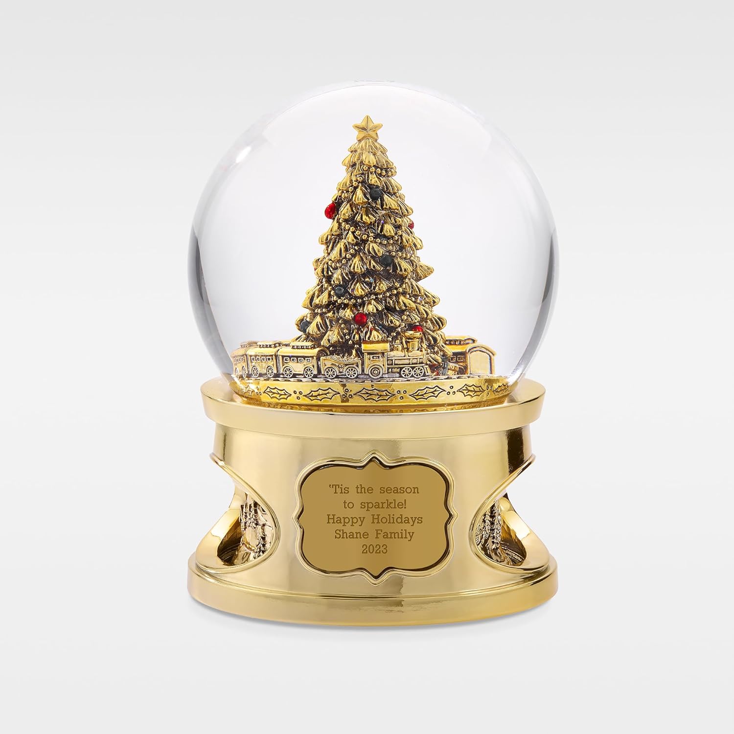 THINGS REMEMBERED Large Gold Tree and Train Musical Snow Globe with Engraving Included, Plays “Der Tannenbaum” Music, Beautiful and Unique