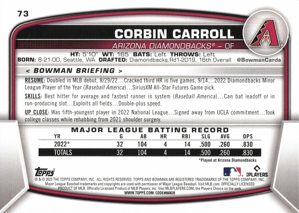 Amazon.com: 2023 Bowman Baseball #73 Corbin Carroll Rookie Card