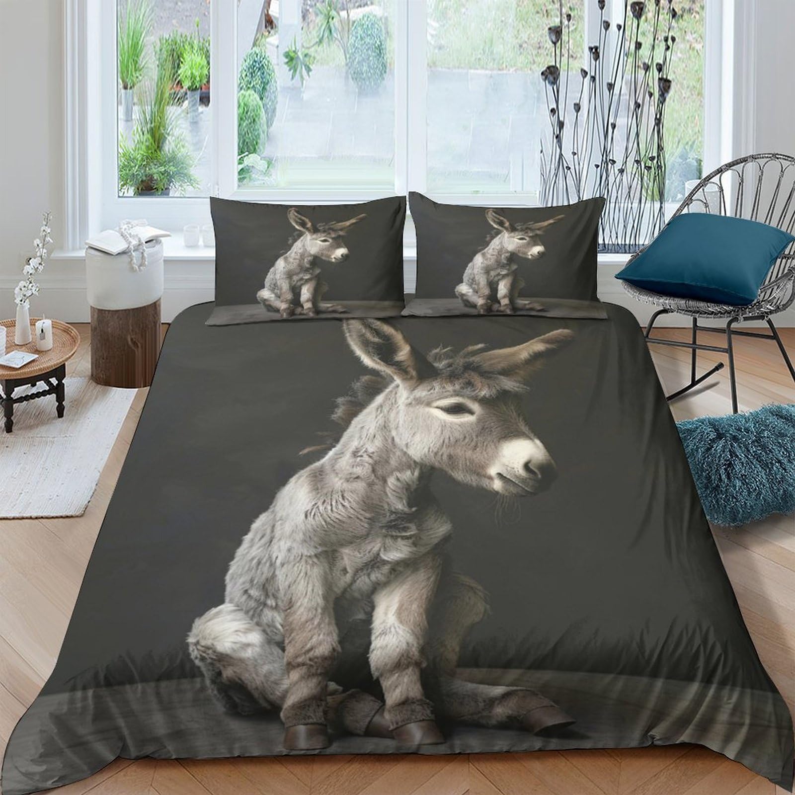 GPLZQXKJNH 3D Printed Sitting Donkey Duvet Cover Microfiber Soft Animal Farm Bedding Set with 2 Pillowcases for Bedroom Decor Single（135x200cm）